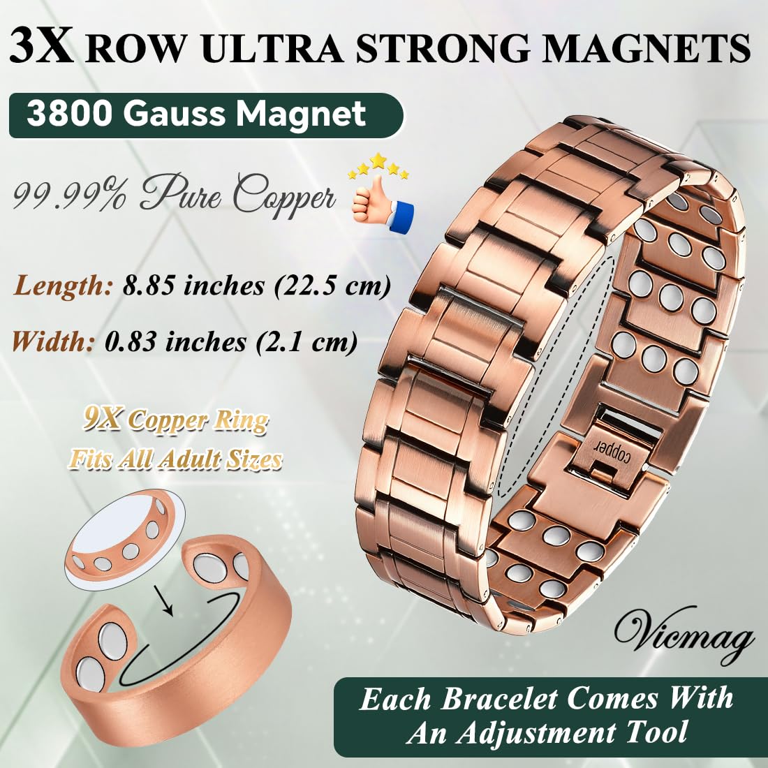 Vicmag Copper Magnetic Bracelet for Men, 3X Strength Magnets, Pure Copper Bracelet & 9X Magnet Ring Set, Adjustable Fit with Sizing Tool(Classic Copper)
