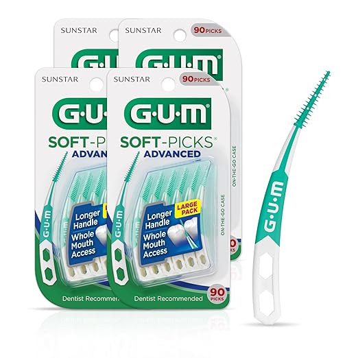 GUM Soft-Picks Advanced, Easy to Use Dental Picks for Teeth Cleaning and Gum Health, Disposable Interdental Brushes with Convenient Carry Case, Dentist Recommended Dental Picks, 90ct (4pk)