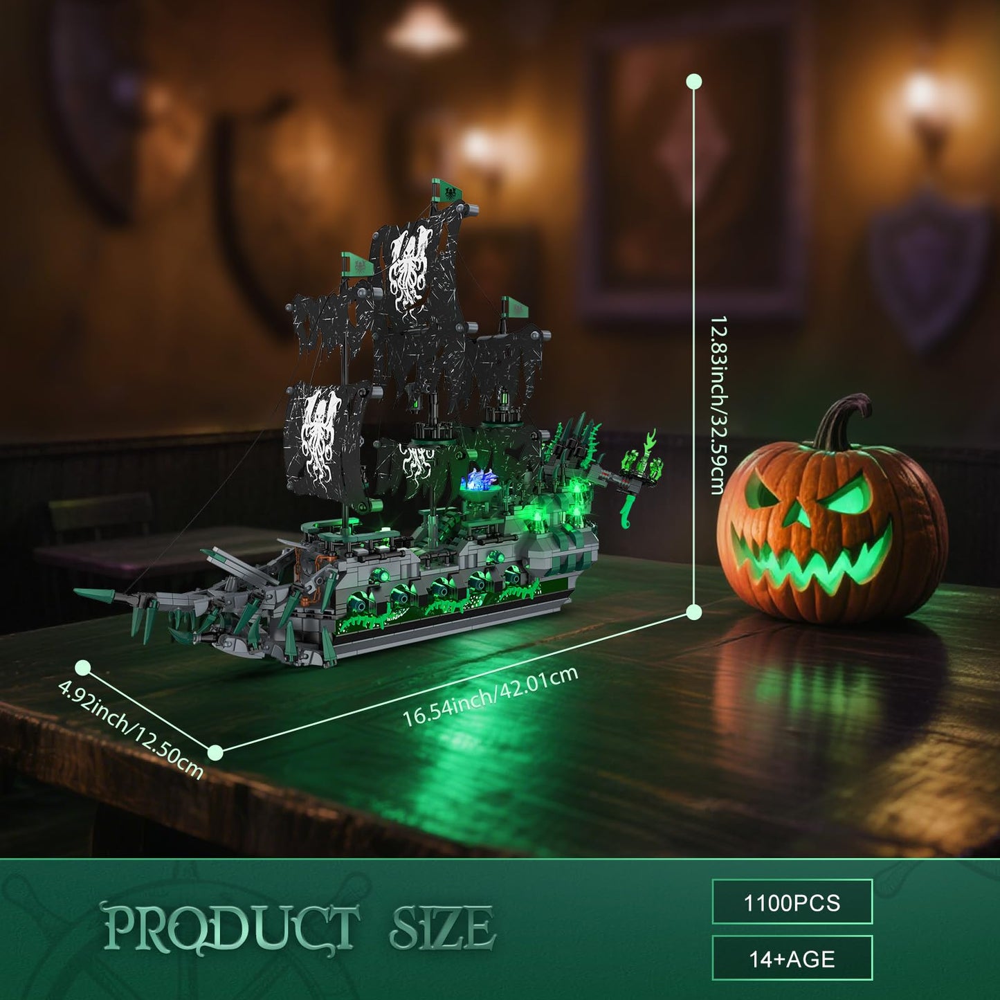 Brihappen Ghost Ship Flying Dutchman Building Blocks Set for Adults (1100 Pieces) - Pirate Ship Model with Light Home Office Collection, Birthday Gifts for Building Blocks Lover
