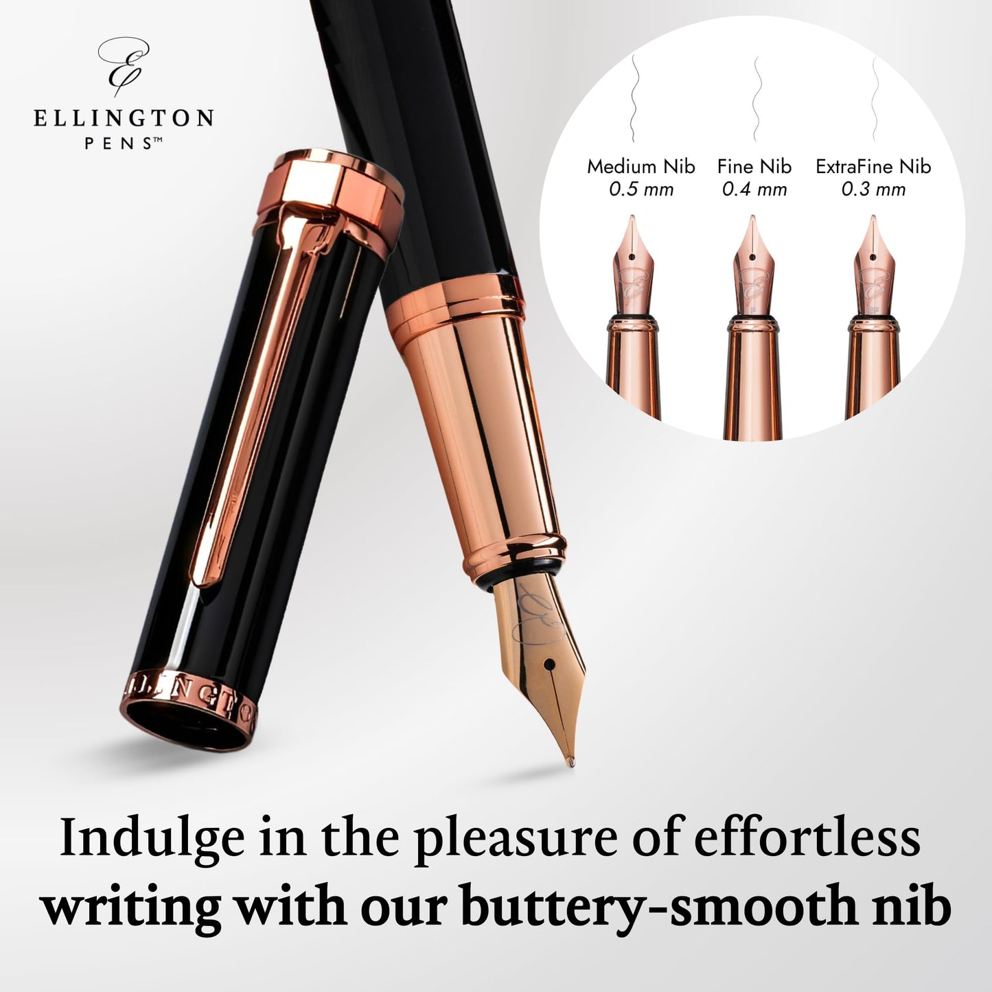 Ellington Pens Luxury Fountain Pen Set - Smooth Medium Nib- Includes 3 Ink Cartridges, Refillable Ink Converter, Gift Box- Fountain Pens For Writing, Calligraphy, Journaling, Sketching (Midnight Rose)