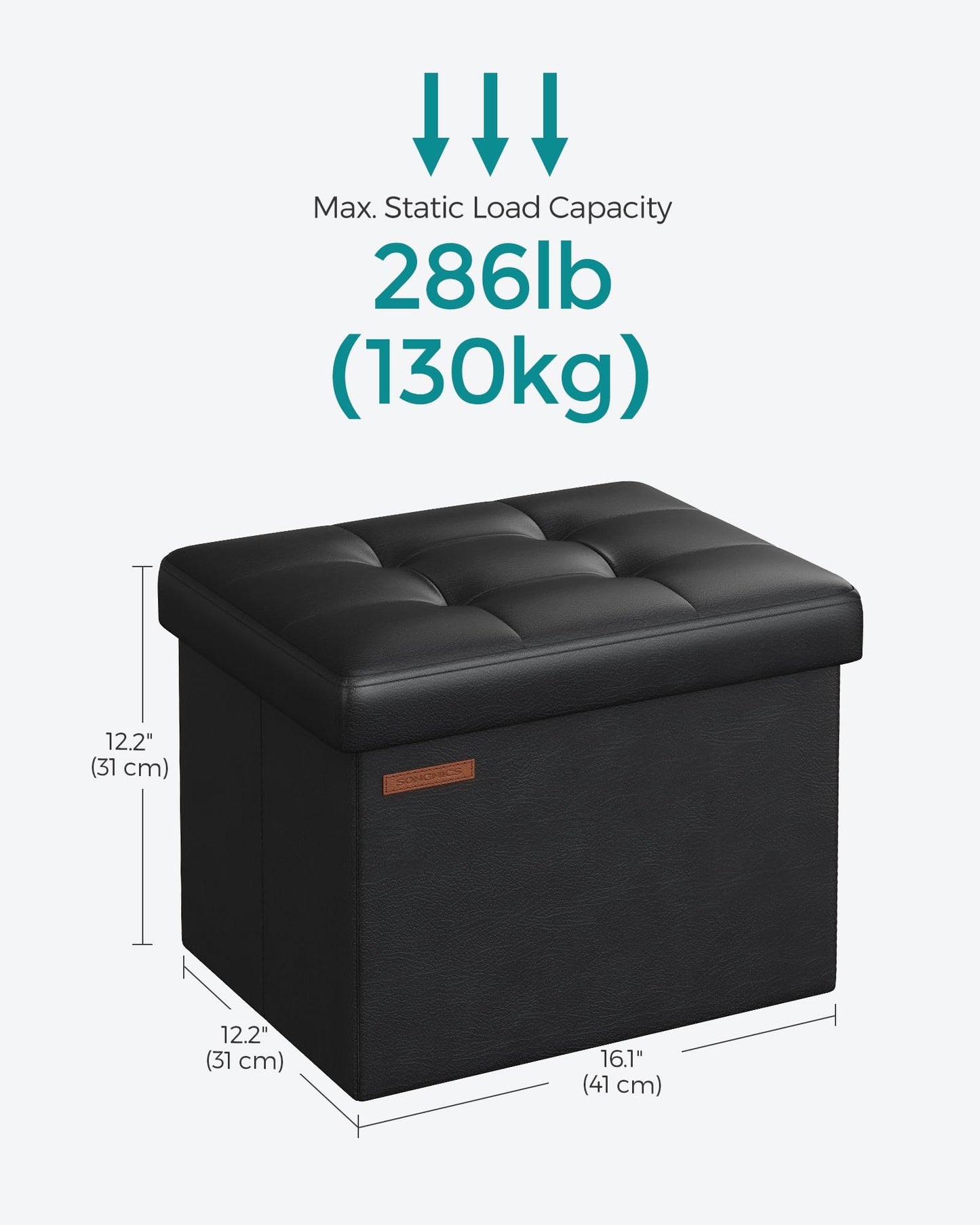 SONGMICS Small Folding Storage Ottoman, Foot Rest Stool, Cube Footrest, Synthetic Leather, 12.2 x 16.1 x 12.2 Inches, 286 lb Capacity, for Living Room, Bedroom, Dorm, Ink Black ULSF100B01