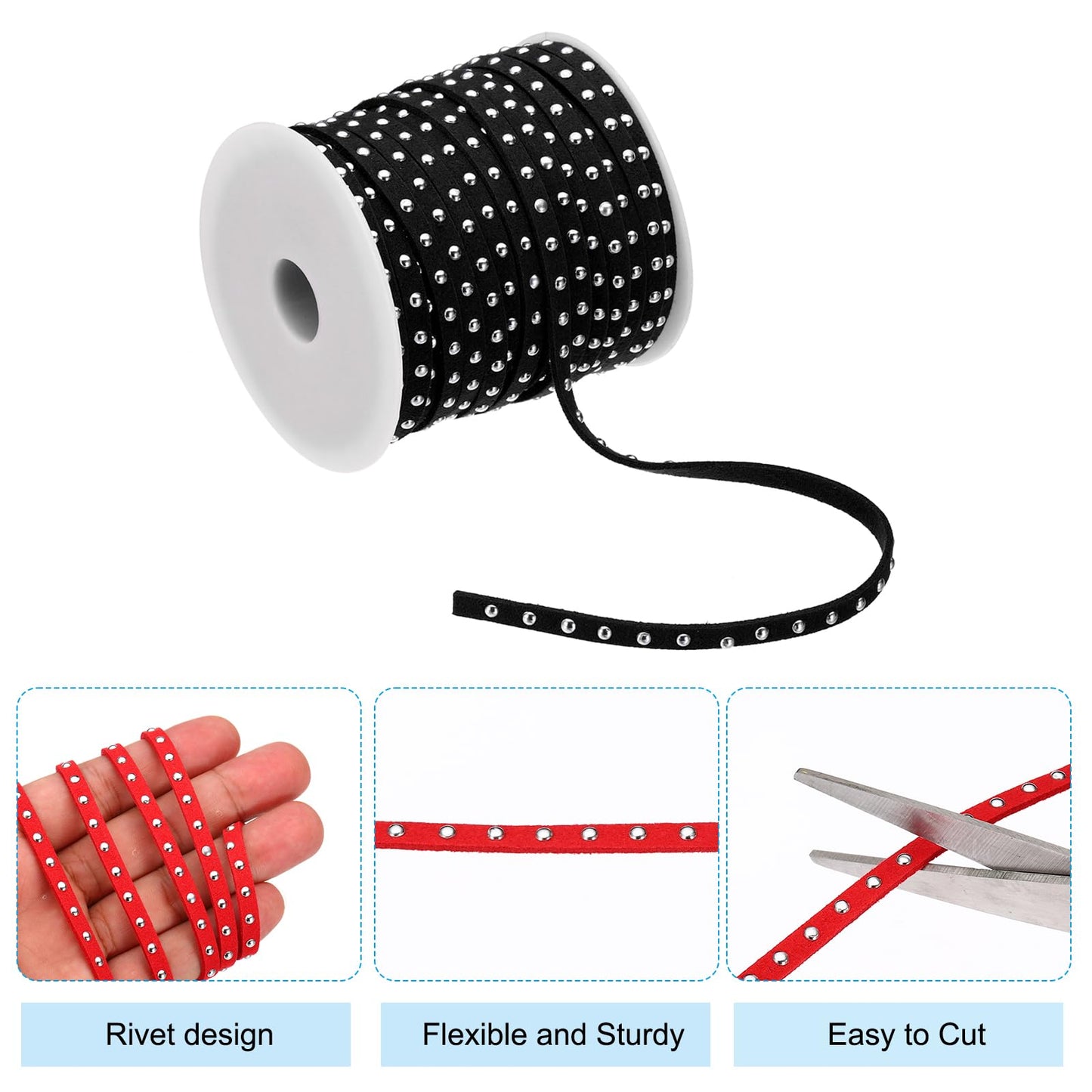 PATIKIL 65.6ft Studded Faux Suede Cord Rope for Jewelry Making, 5mm Micro Fibre Flat Leather Lace Beading String Ribbon with Rivets, Black Silver