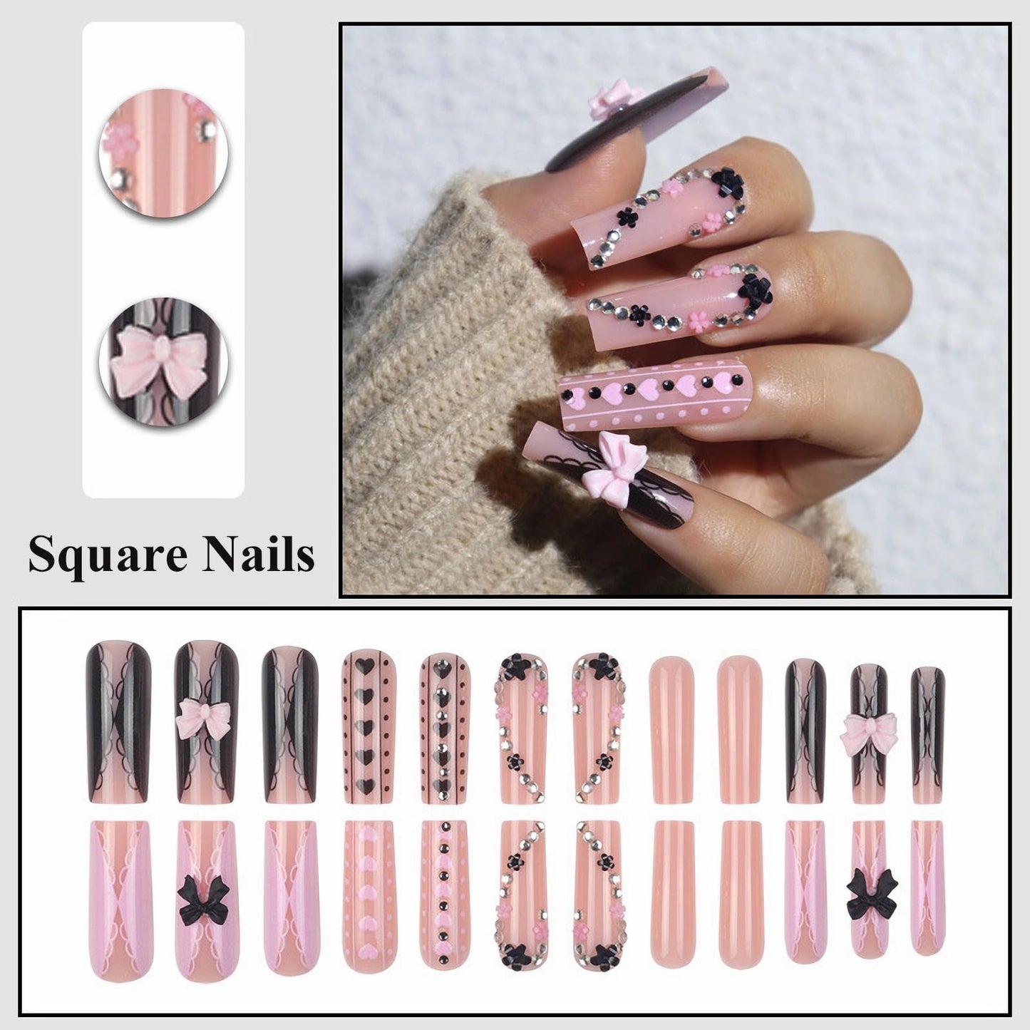 MISUD Press on Nails - Long Square Glue on Nails with Y2K Pink Black, Acrylic Rhinestone Bow Design 24 pcs