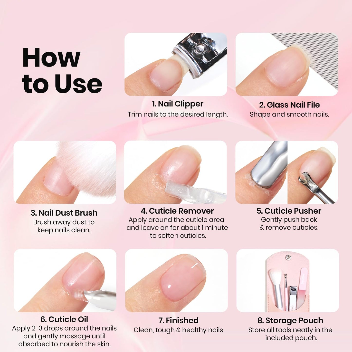 Beetles Cuticle Oil Cuticle Remover Nail Kit with Glass Nail Files Double Side Nails Prep Kit Cuticles Pusher Dual End Cuticles Remover Set Nails Clippers Dust Brush Manicure Set with Storage Pouch