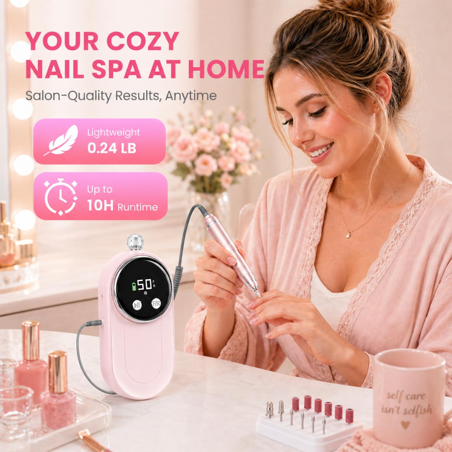 FLORAVIC High Speed Nail Drill for Acrylic Removal, 50,000 RPM Pro E-File with LCD, Bits Kit & Anti Slip Pad, MG101L Quick Gel Removal, Precise Shaping, Portable for Nail Art Practice & Salon Use