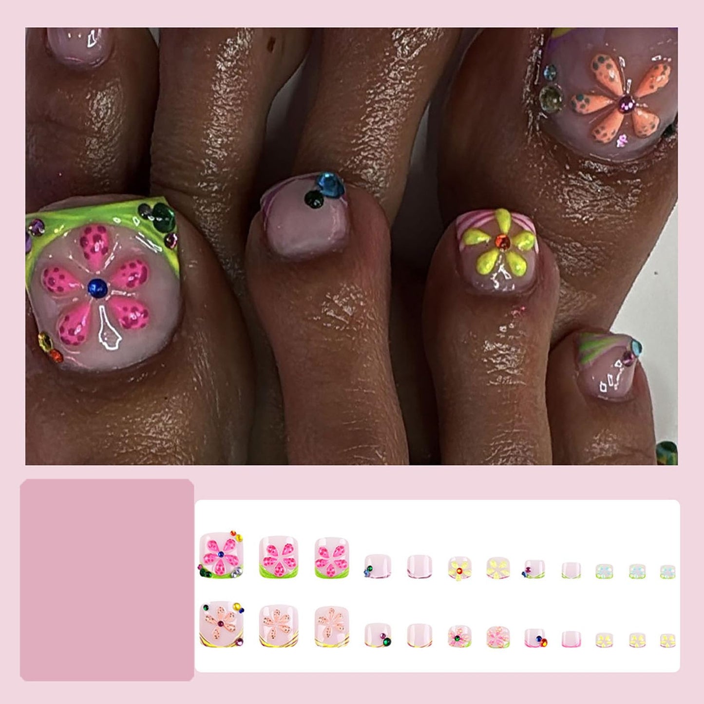 RUOKEXIN Short Press on Toenails French Tip Fake Toenails with 3D Flower Rhinestones Designs Square Toe Nail Press ons Glossy Artificial Nails for Women 24Pcs