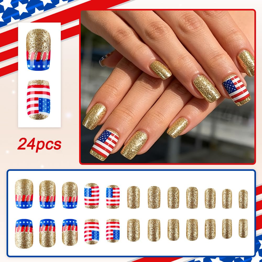plalely Press on Nails Short Square,Handmade Acrylic Fake Nail with Designs，Short Press on Nails for Women 24pcs