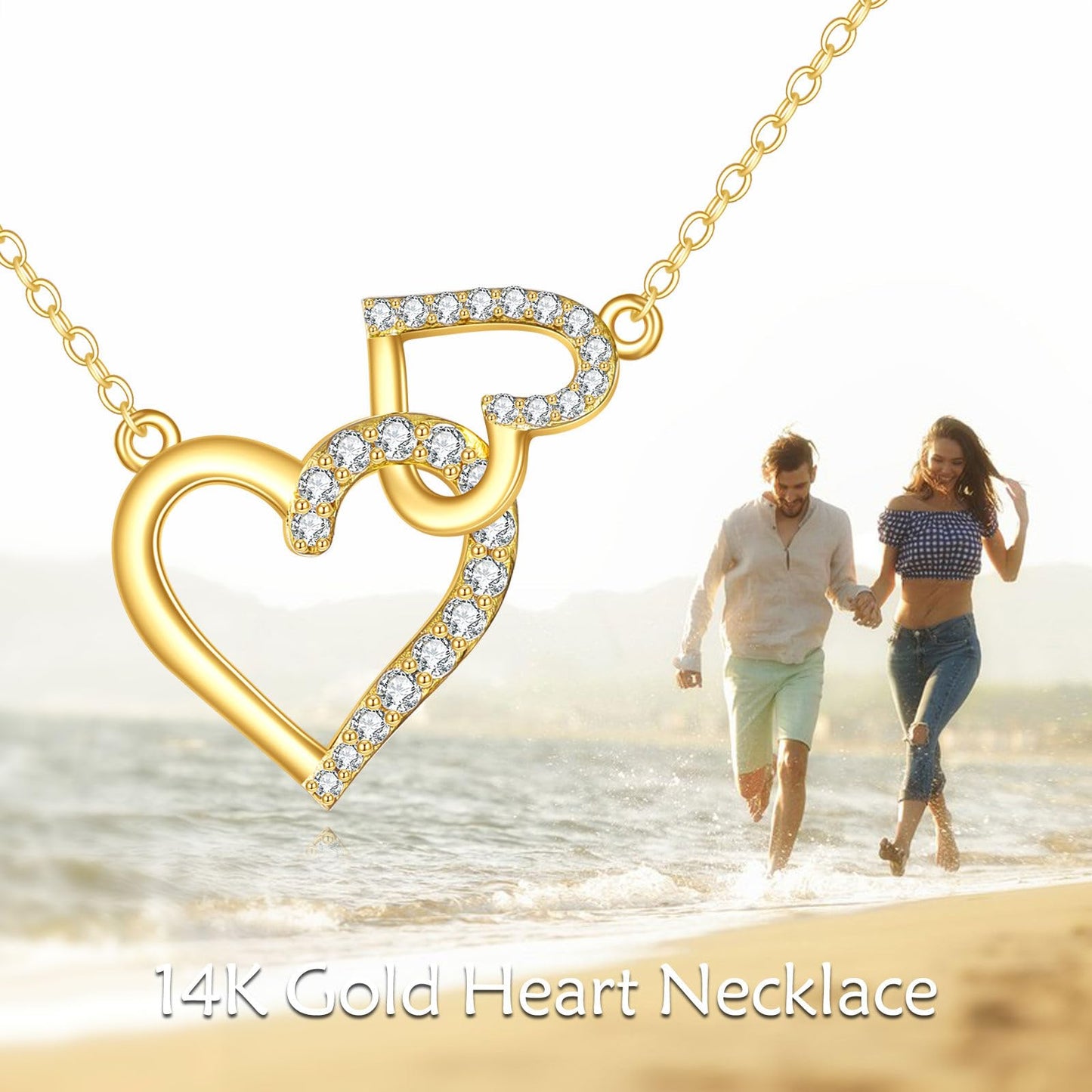 DOVRAN 14K Solid Gold Love Heart Necklace for Women Real Gold Two Heart Gift Jewelry Anniversary for Her