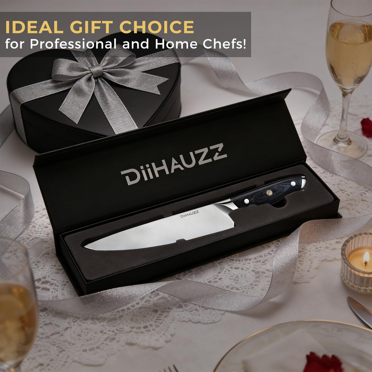 DiiHAUZZ Chef Knife, 8 Inch Ultra Sharp Kitchen Knife, Professional High Carbon Steel Chefs Knife with Full-Tang Ergonomic Handle for Kitchen, Gift Box for Mothers Day Gift