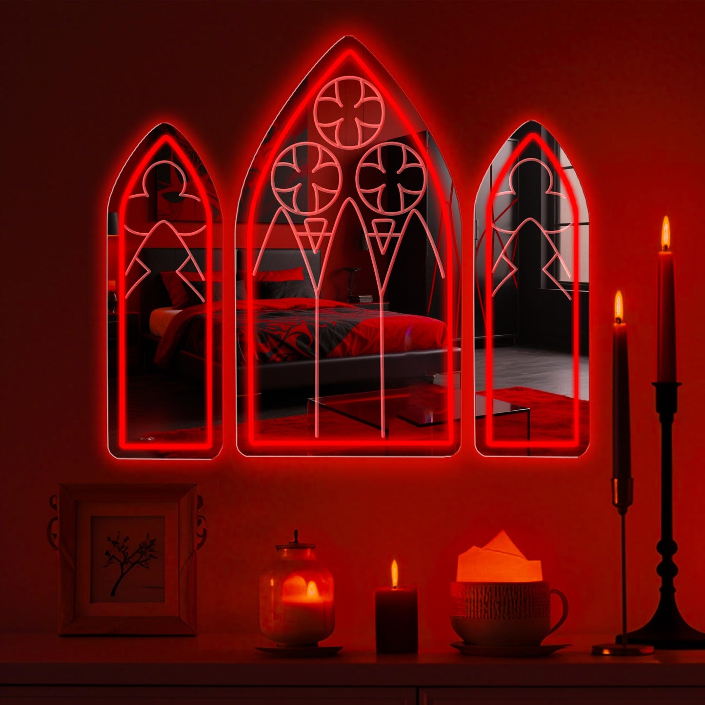 DUOLIYBC Gothic Neon Sign, Medieval Goth LED Mirror Sign Set, Window Mirror Signs for Wall Decor, Gothic Cathedral Decor, Witch Mirrors 20″ × 11.7″
