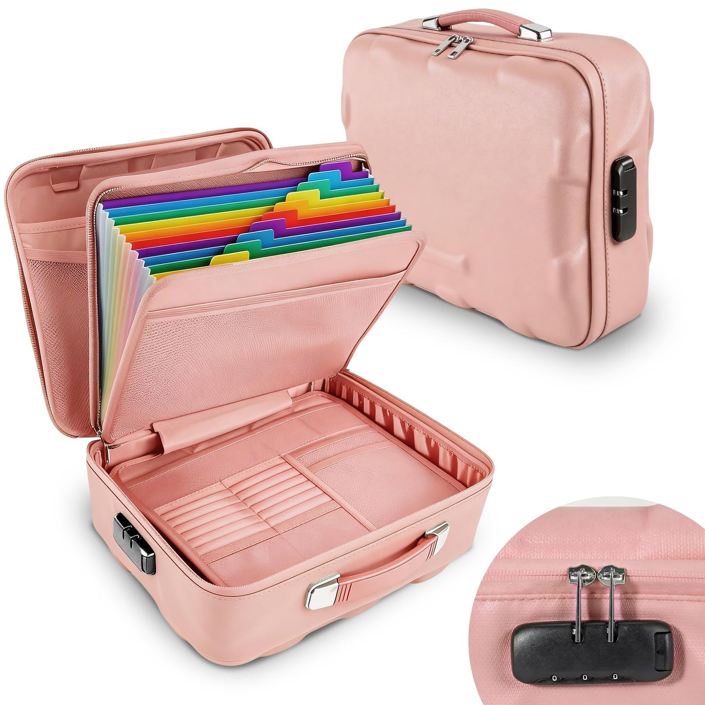 Fireproof Document Box, Hard Case Fireproof File Organizer Box with Lock and 13 Pocket Accordion File Folder, Portable Safe Box for Office Storage Important Documents (Pink)