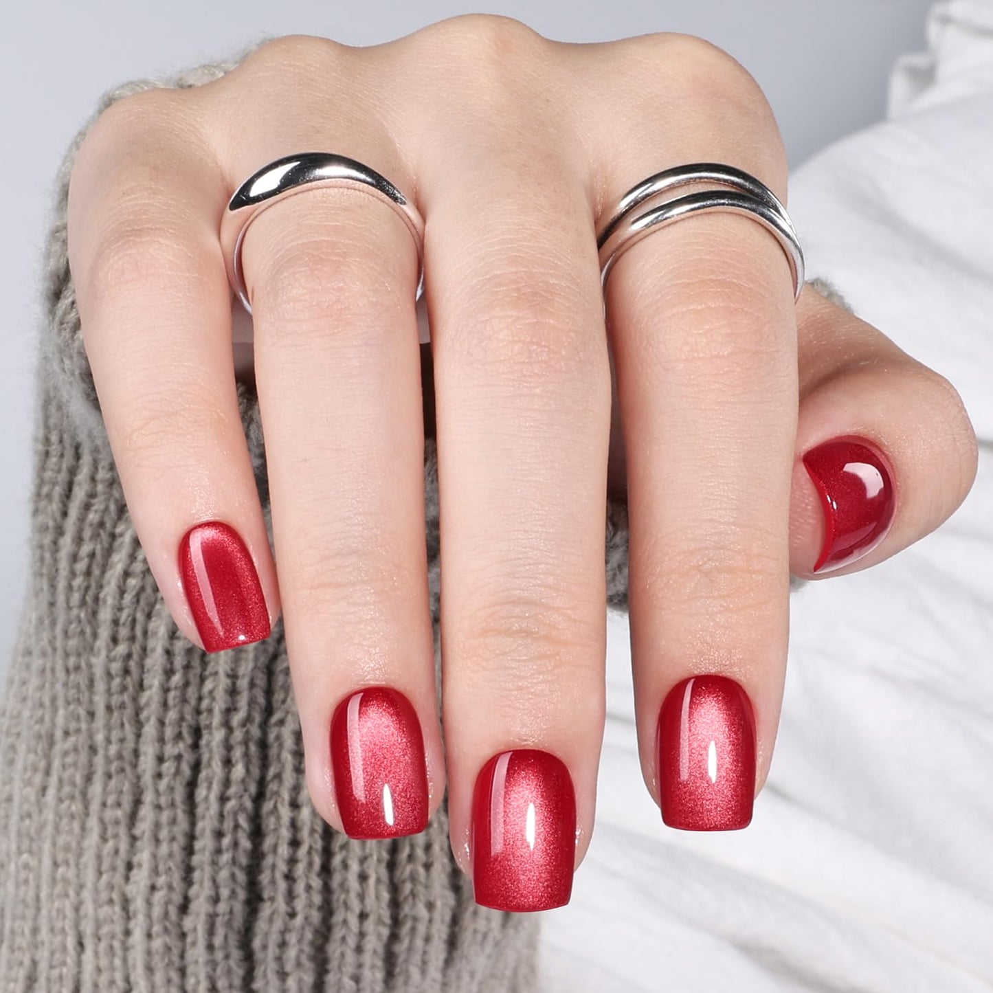 Red Cat Eye Press On Nails Square- Red Short Square Fake Nails, Cateye Press On Nails Reusable Stick On Nails in 15 Sizes, 30pcs False Nail Kit for Women & Girls (Ruby Night)
