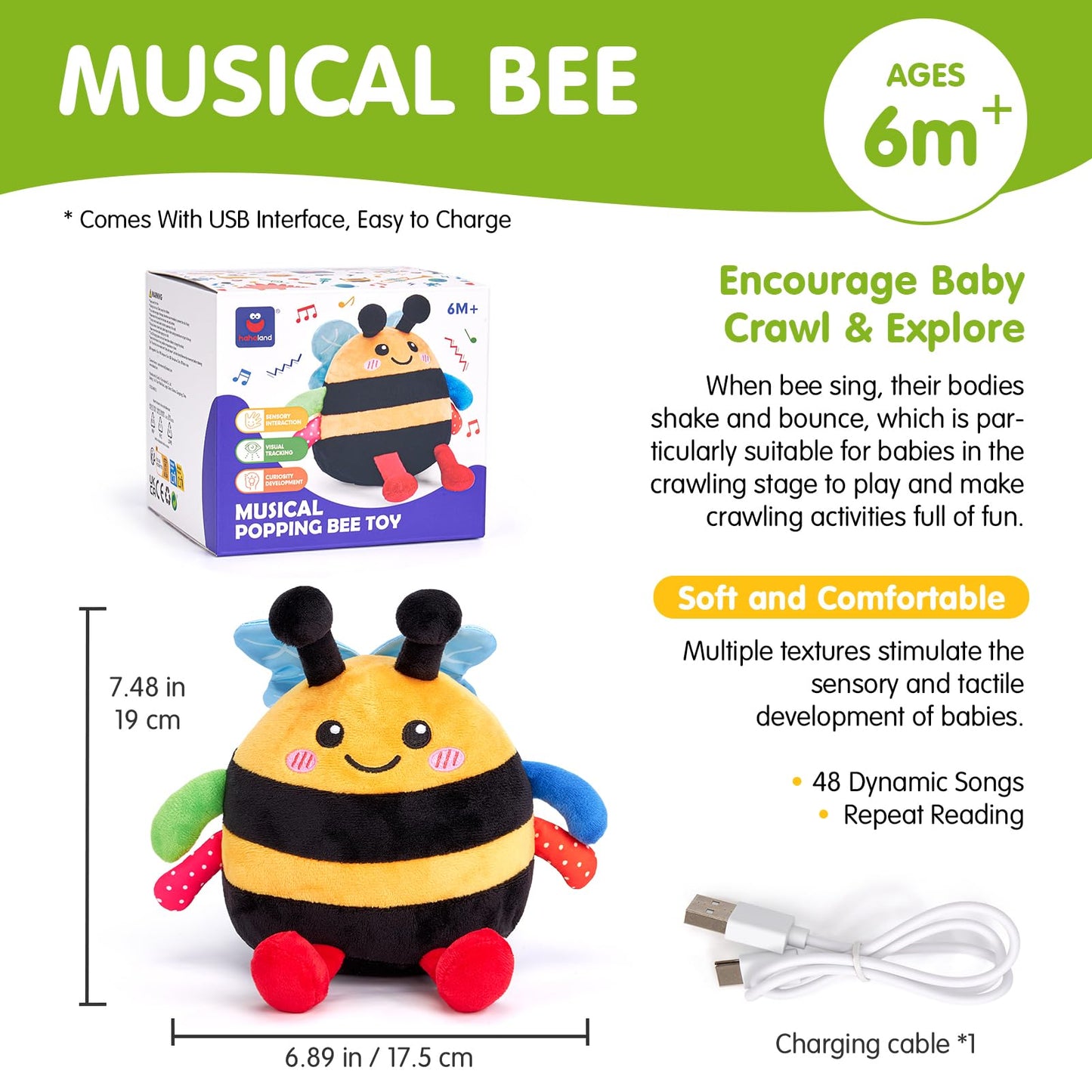 hahaland Baby Toy for 6 + 12 18 Months – Crawling Musical Dancing Bouncing Learning Bee Plush, Interactive Tummy Time Toy for 1 2 3 Year Old Boys Girls Baby Easter Basket Stuffers