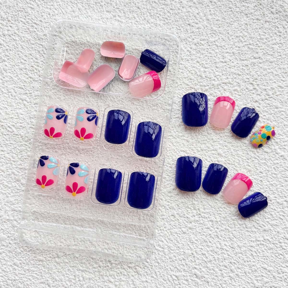 Short Press On Nails Square Fake Nails French Tip False Nails With Flower Design Blue Acrylic Nails Full Cover Summer Glue On Nail Artificial Glossy Spring Stick On Nail For Women 24pcs