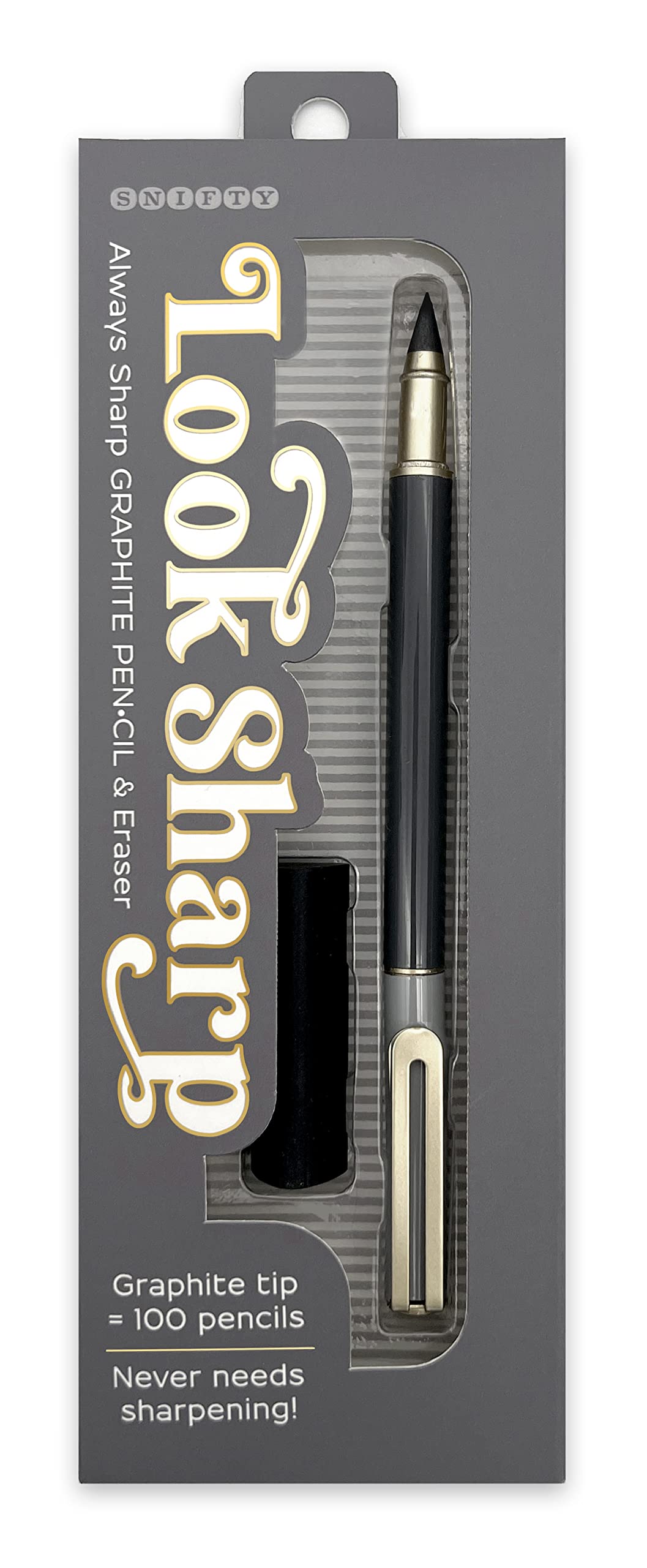 SNIFTY Look Sharp Always Sharp Pen•cil - Compressed graphite tip equals 100 pencils - Gray metal barrel + cap + eraser