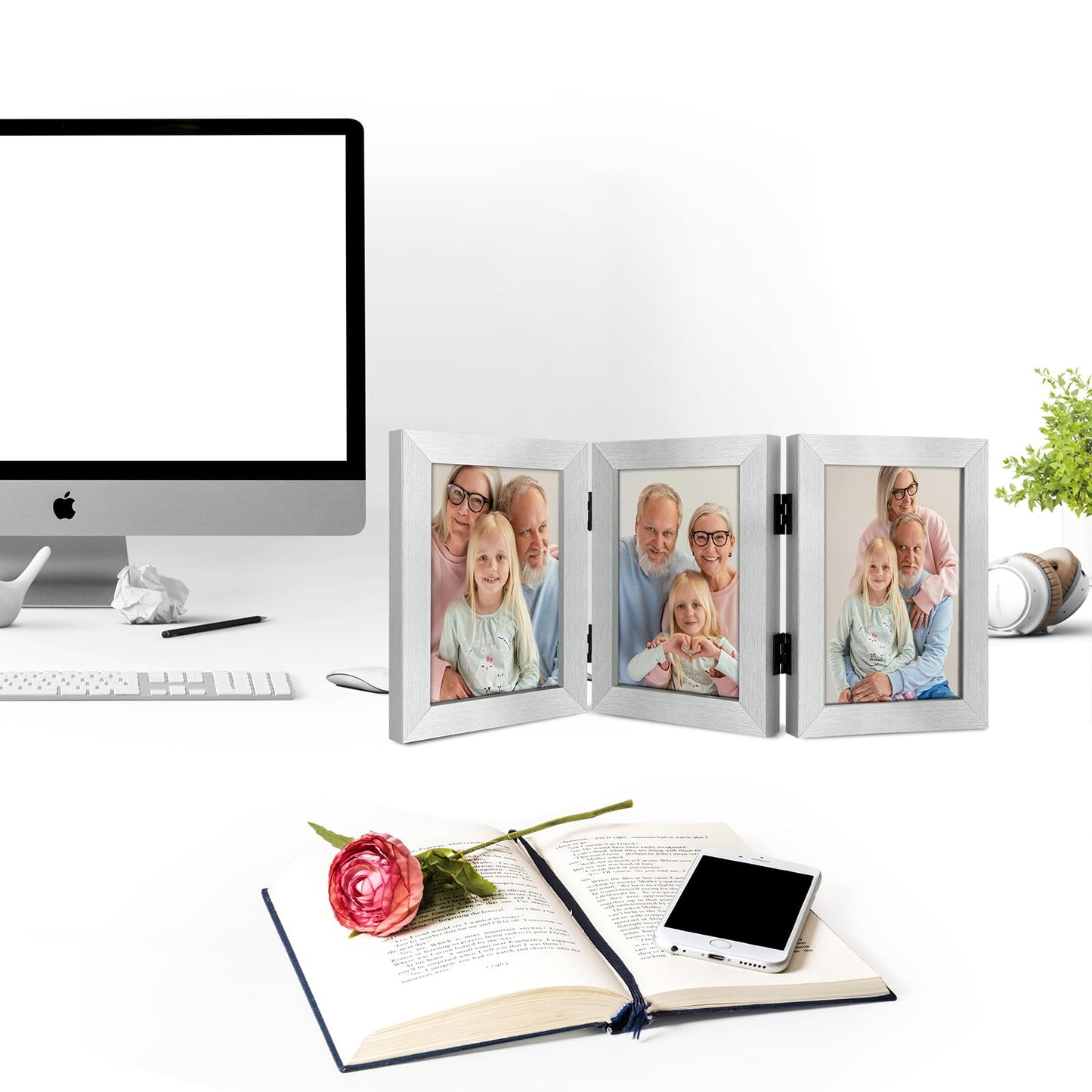 Frametory, 5x7 Triple Picture Frames 3 Photo Frames Collage - Real Glass - Engineered Wood Triple Folding Frame - Tabletop Vertical Display (Silver, 1 Pack)