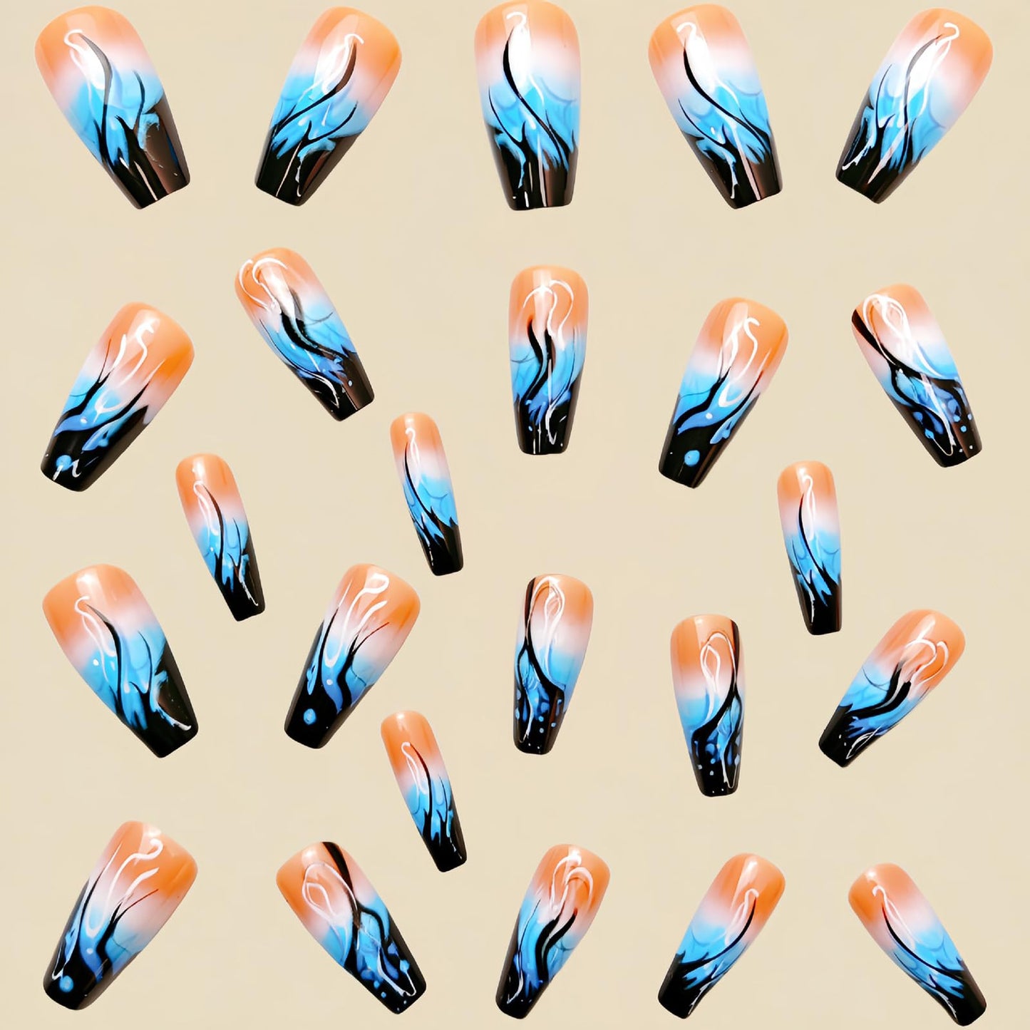 SINHOT Coffin Press on Nails - Long Fake Nails, Glossy Finish, Black Flame & Blue Gradient, DIY Artificial False Nail Art - 24 Pcs Nail Kit with Glue