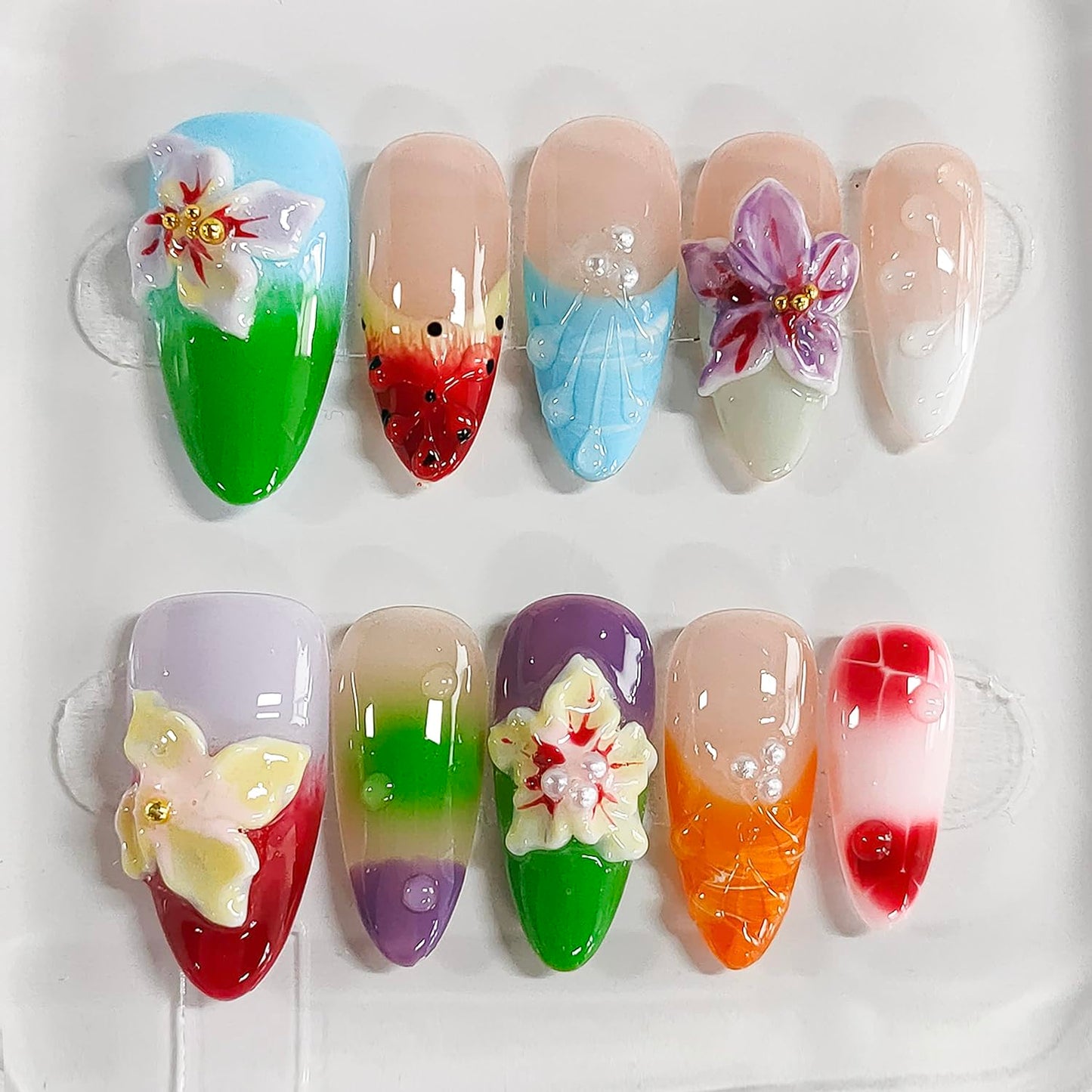Handmade Press on Nails Almond Medium 3D Floral French Tip Thick Acrylic Fake Nails False Nails with Flower Polka Dots Pearls Designs Colorful Sturdy Nail Art Press on Nails 10Pcs(M)