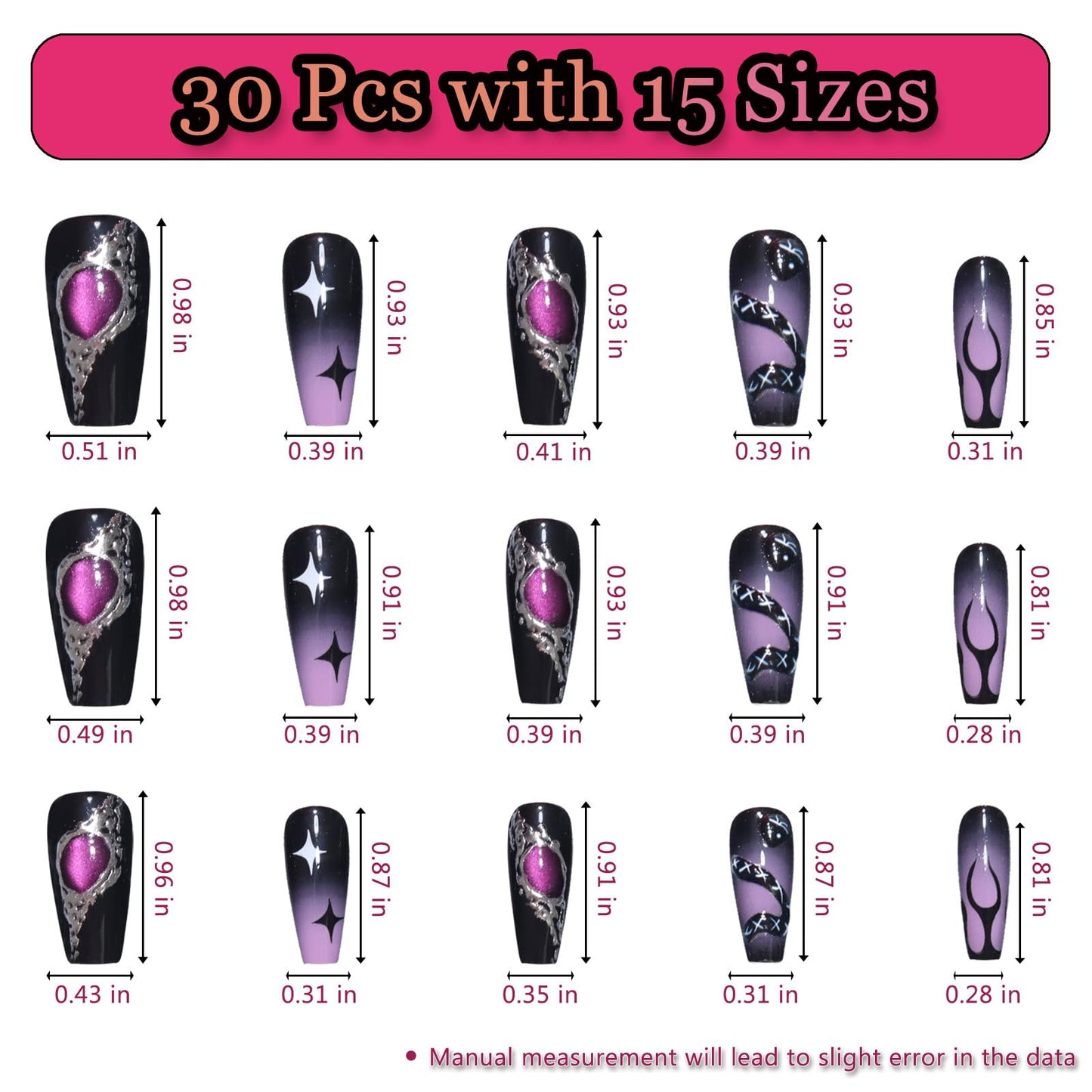Melines 3D Gothic Black Starry Snake Motif 30pcs Medium Square Nails, Colorful Full Cover Artificial Stick on Nails Kit