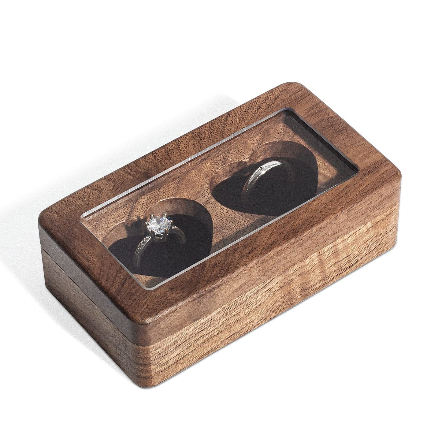 Wislist Double Ring Box for Wedding Ceremony, Walnut Wooden Heart-shaped Ring case for Wedding and Engagement (Walnut)
