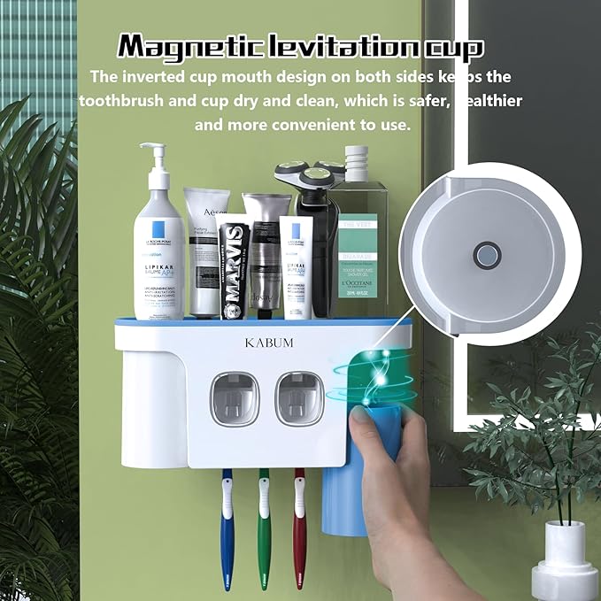 Toothbrush Holders for Bathroom Organizer, 2 Cups Automatic Toothpaste Dispenser Squeezer Kit Wall Mounted for Bathroom Set, Ideal Bathroom Accessories.Blue