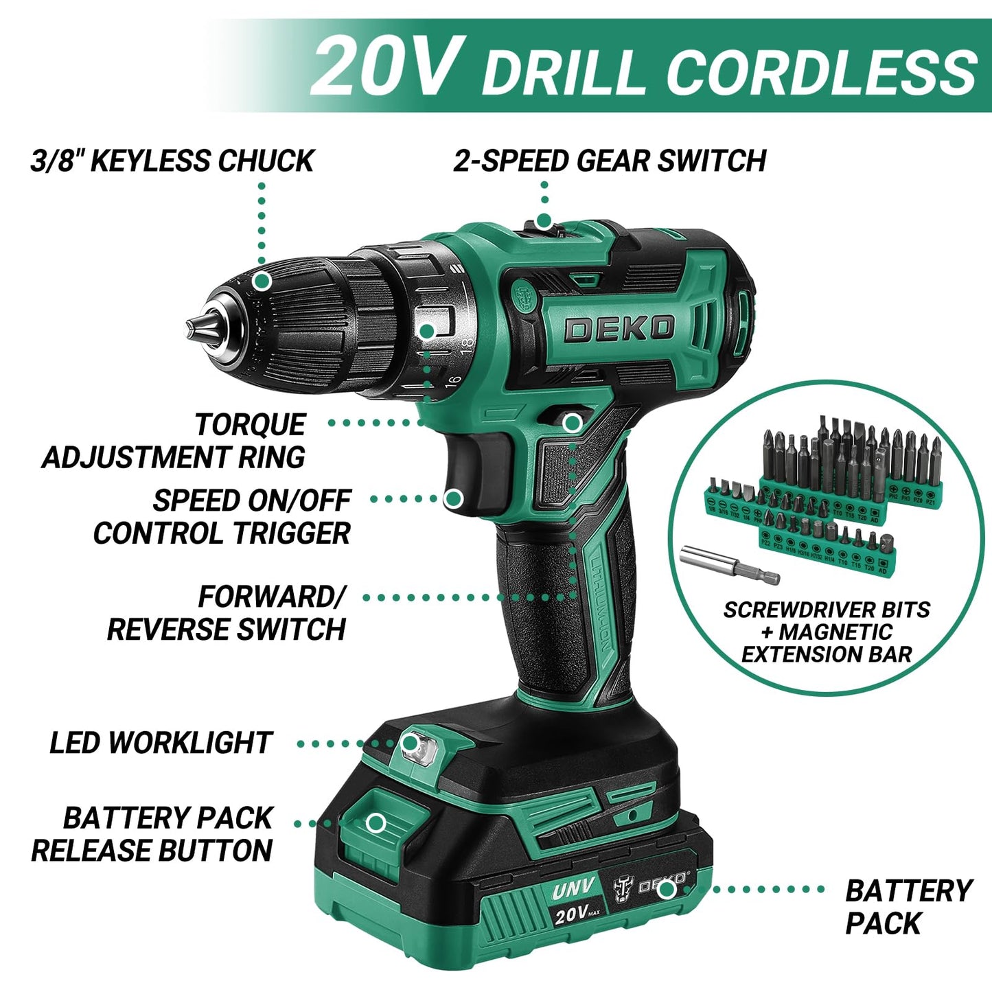 Green Drill Tool Kit Set: 20V Cordless Power Drill Tool Box with Battery Electric Drill Driver for Men Home Hand Repair Basic Toolbox Tools Sets Drills Case