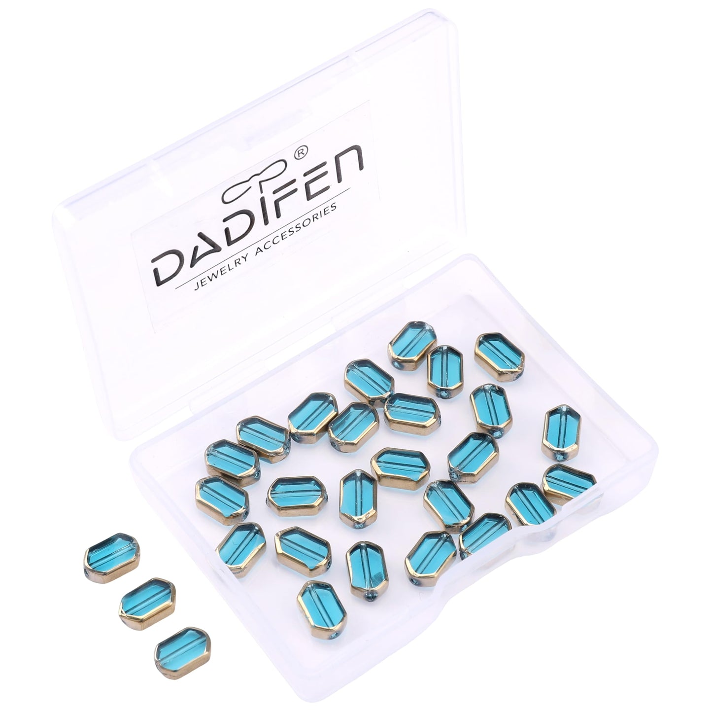 DADIFEN Glass Octagon Beads Lake Blue 6x9mm 28pcs Rectangle Golden Edge Crystal Loose Beads for DIY Craft Jewelry Making