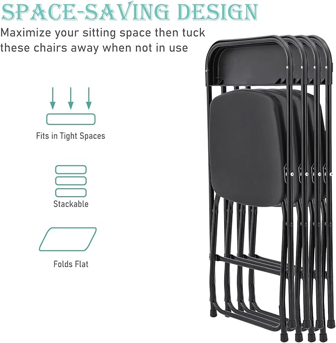 10 Pack Plastic Folding Chairs, Portable Stackable Commercial Seat Folding Chairs with Steel Frame 350lbs for Home Office Outdoor Indoor Office Wedding Party Events, Black