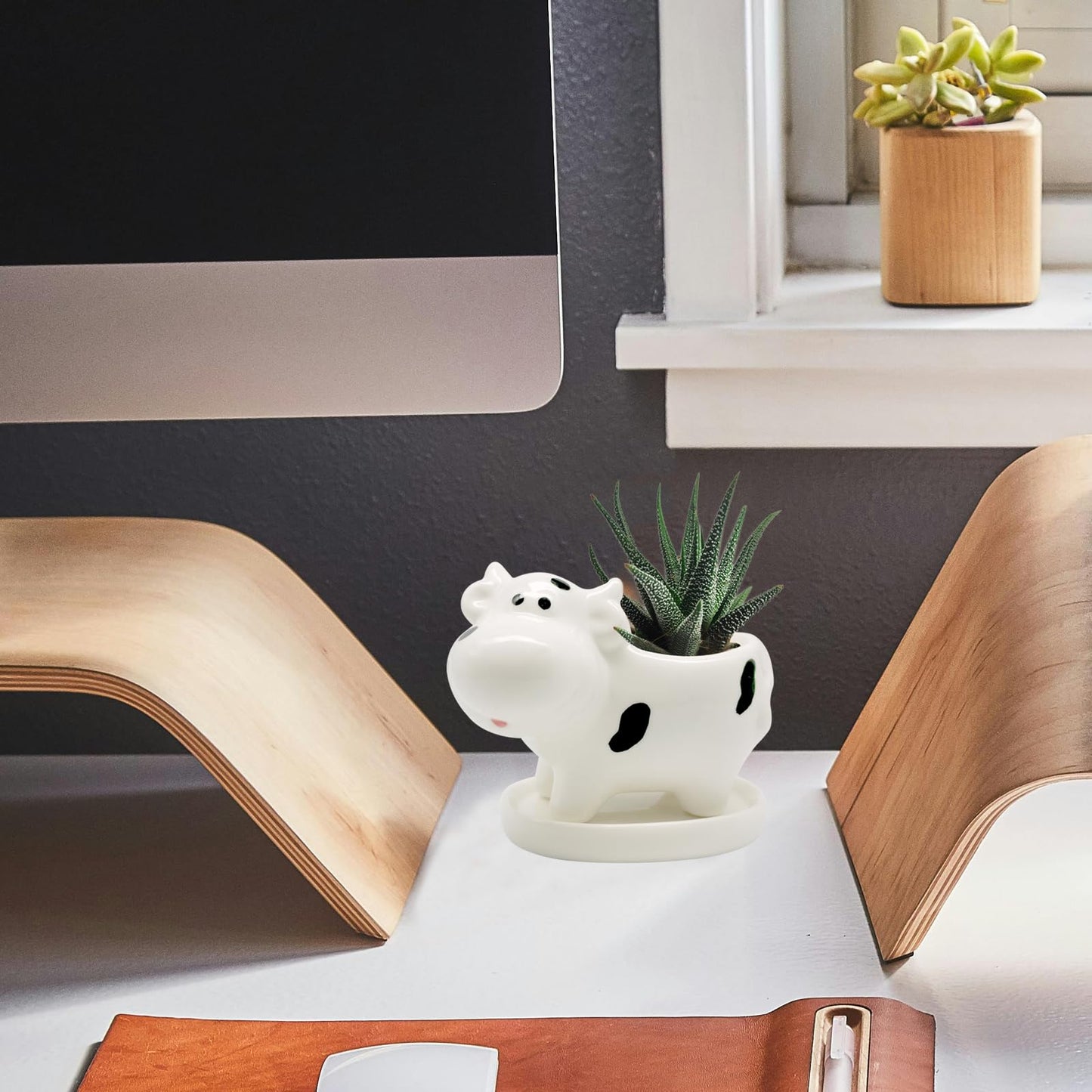 DIYOMR Cute Animal Planter Cow Dog Shaped Funny Small Succulent Pot White Ceramic Plant Pot with Tray for Mini Plants Flowers Cactus, Smooth Ceramic - Plants Not Included (Cow)