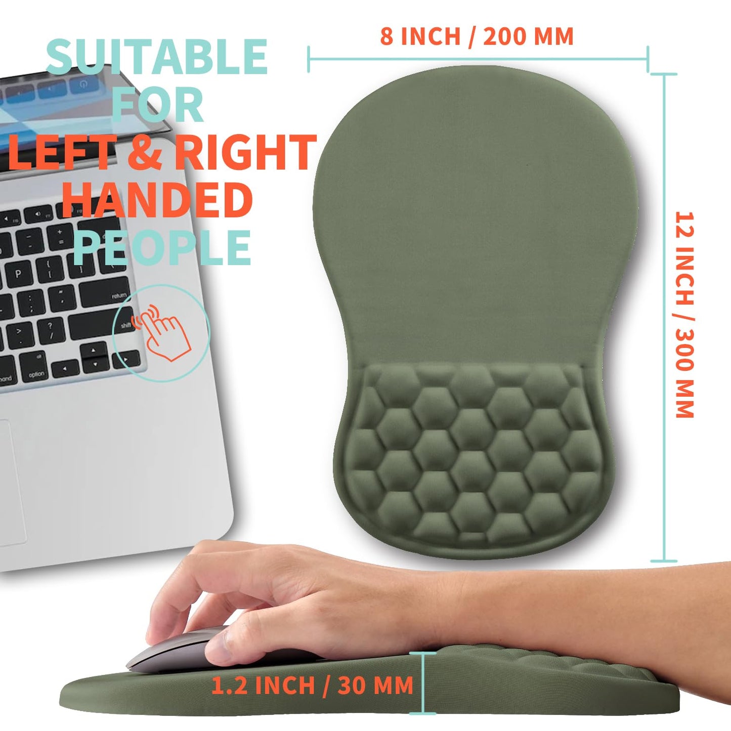 Kuosgm Ergonomic Mouse Pad Wrist Support with Memory Foam Massage Bulge, Carpal Tunnel Pain Relief Mousepad Wrist Rest for Mouse(12x8 inch,Olive Green)