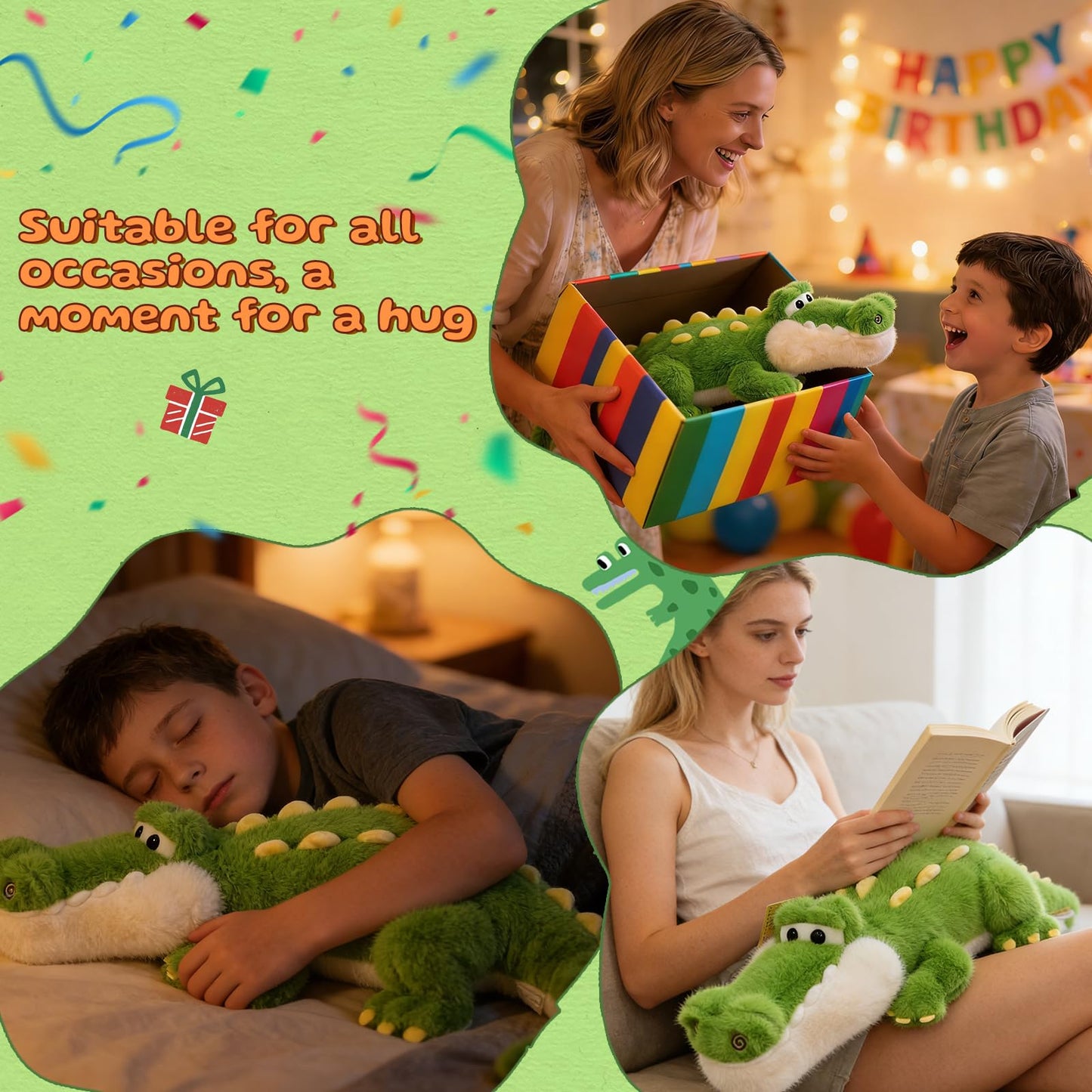 TITQWOP Alligator Stuffed Animal Plush Toy, Lying Flat Crocodile Hugging Pillow, Soft Long Plush for Kids & Adults, Cute Green Alligator Plush for Bed, Sofa, Gift 35.4in