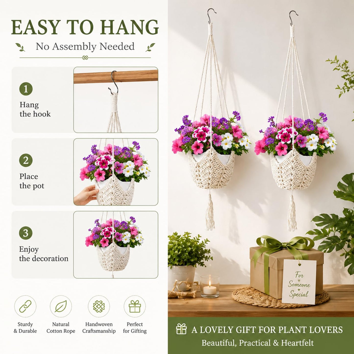 LAGWIUY 40 Inch Macrame Plant Hanger 2 Pack, White Hanging Planters with S-Shaped Hooks for Indoor Outdoor Plants, Home Decor