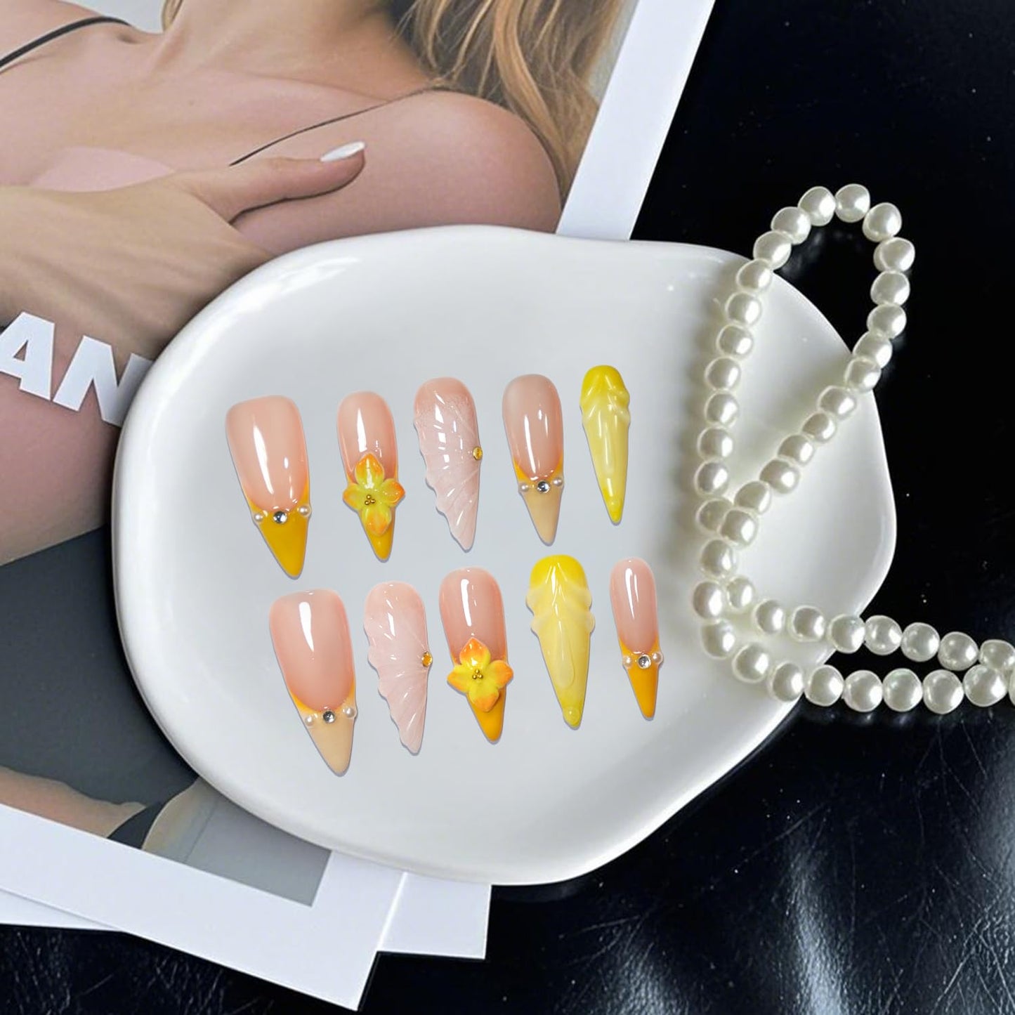 GREENTEA Handmade Press-On Nails, Yellow French Tips with Floral Design, Nude Base, Stiletto Shape, Size-M