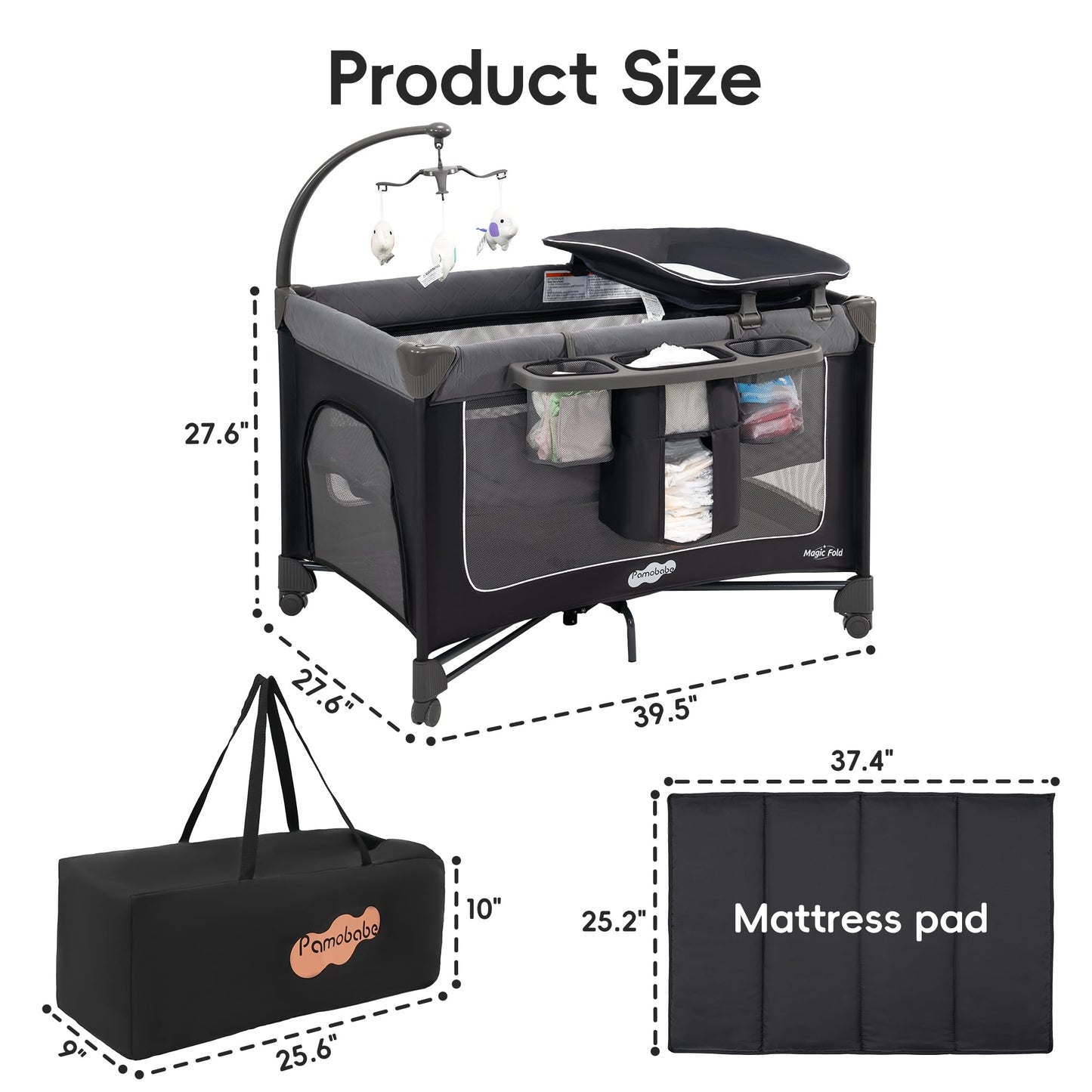 Pamo Babe Magic Fold Pack and Play with Bassinet 1 Step Set Foldable Playards Baby Playard with Changing Table Portable Playpen with Zip Door