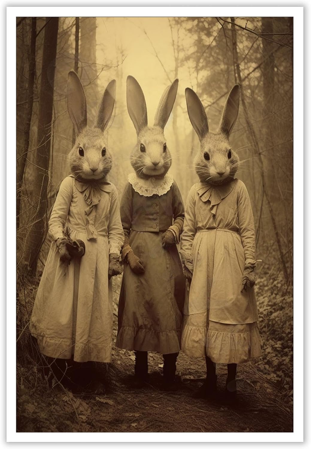 Vintage Horror Spooky Three Rabbits In Occult Forest Spooky Canvas Wall Art Poster Gothic Dark Academia Decorations Room Creepy Print Retro Halloween Wall Decor 16X24inch Unframed