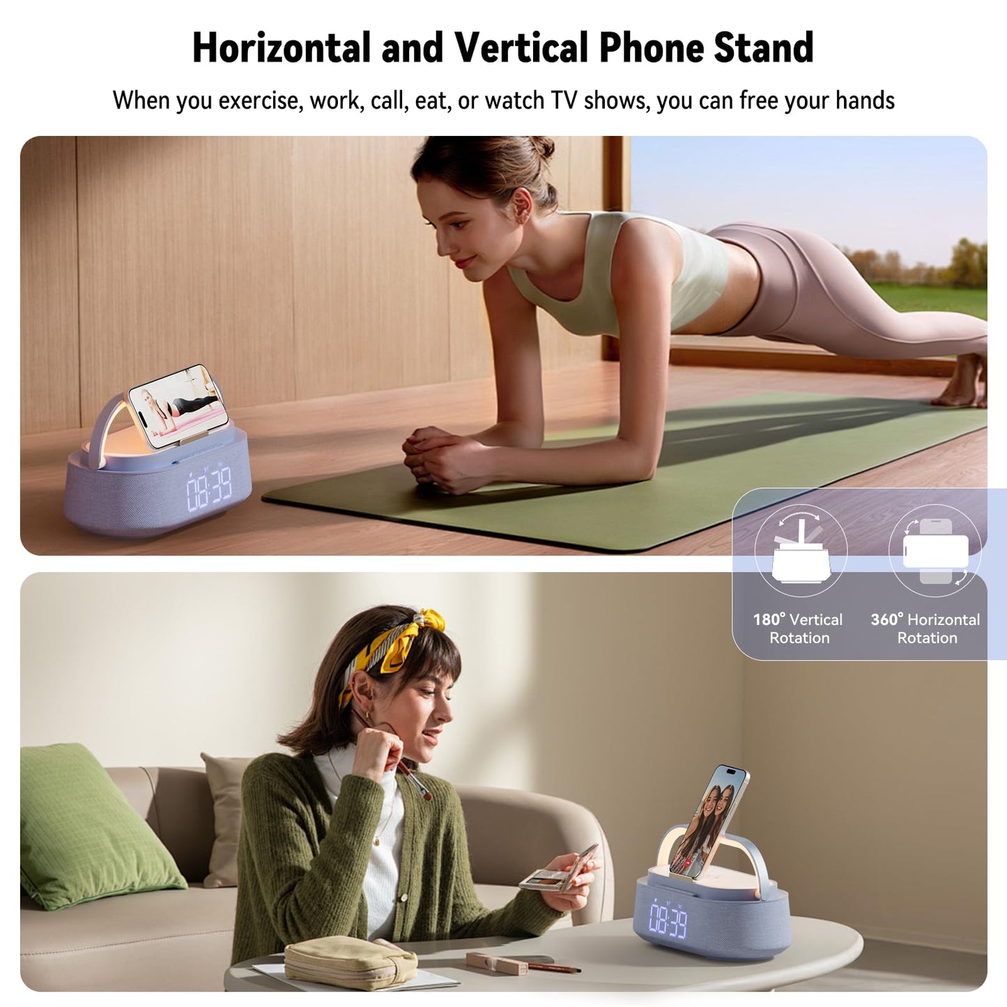 FREEFISH 6-in-1 Bluetooth Speaker with Wireless Charging, FM Radio,Bedrooms Dimmable Nights Light, Snooze Function for Home, Office, Wireless Charger Compatible iPhones 16/15/14/13/12