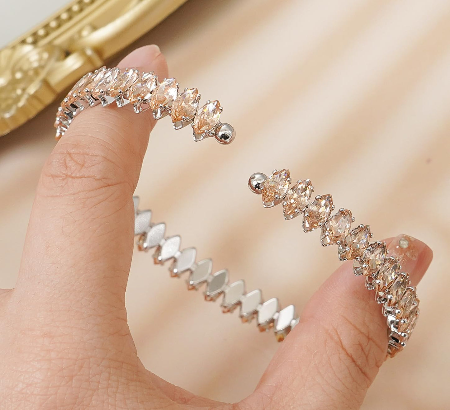 Wovanoo Rhinestone Cuff Bracelet Cubic Zirconia Tennis Bracelets Open Adjustable Bangle for Women Silver Champagne