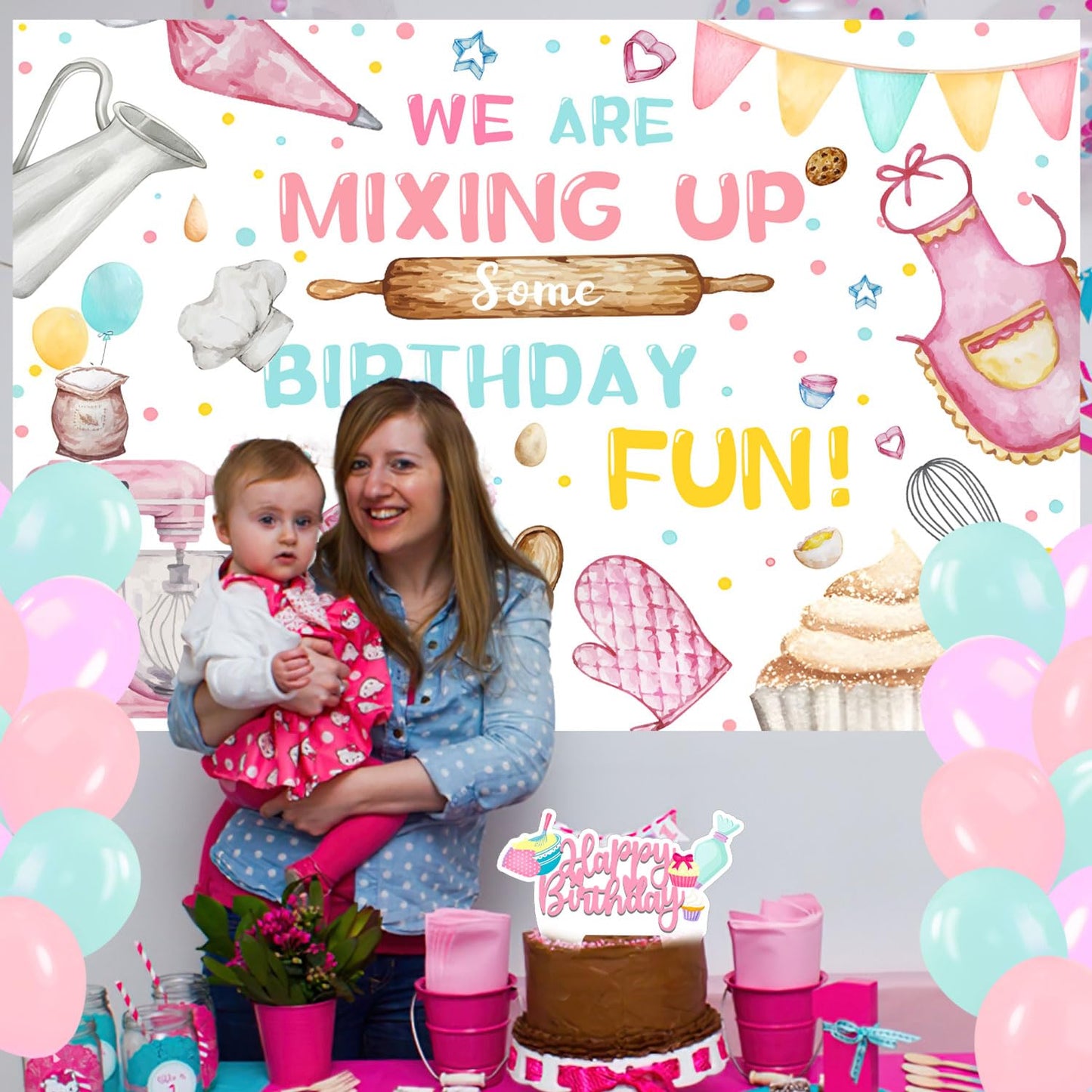 NlSIFU 59 Pcs Baking Birthday Party Supplies, Baking Themed Decorations with Backdrop, Banners, Balloons, Cake & Cupcake Toppers in Pink