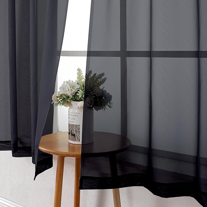 Lecloud Black Sheer Curtains 48 Inch Length 2 Pcs, Light Filtering Bedroom Curtains for Living Room Window Treatments, Rod Pockets Voile Drapes for Bathroom Basement, Each Panel 42" W x 48" L