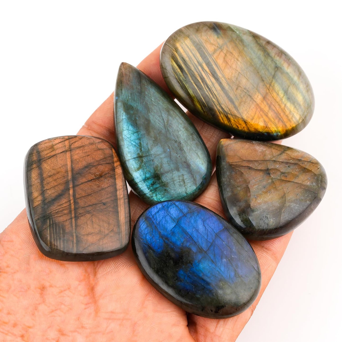 CRYSTALINES 5pcs Natural Labradorite Gemstones, Bulk Flatback Cabochon, Polished Stones, DIY Jewelry Making, Healing Crystals, Wholesale Assorted Loose Supply, Wire Wrapping, Gem Collection