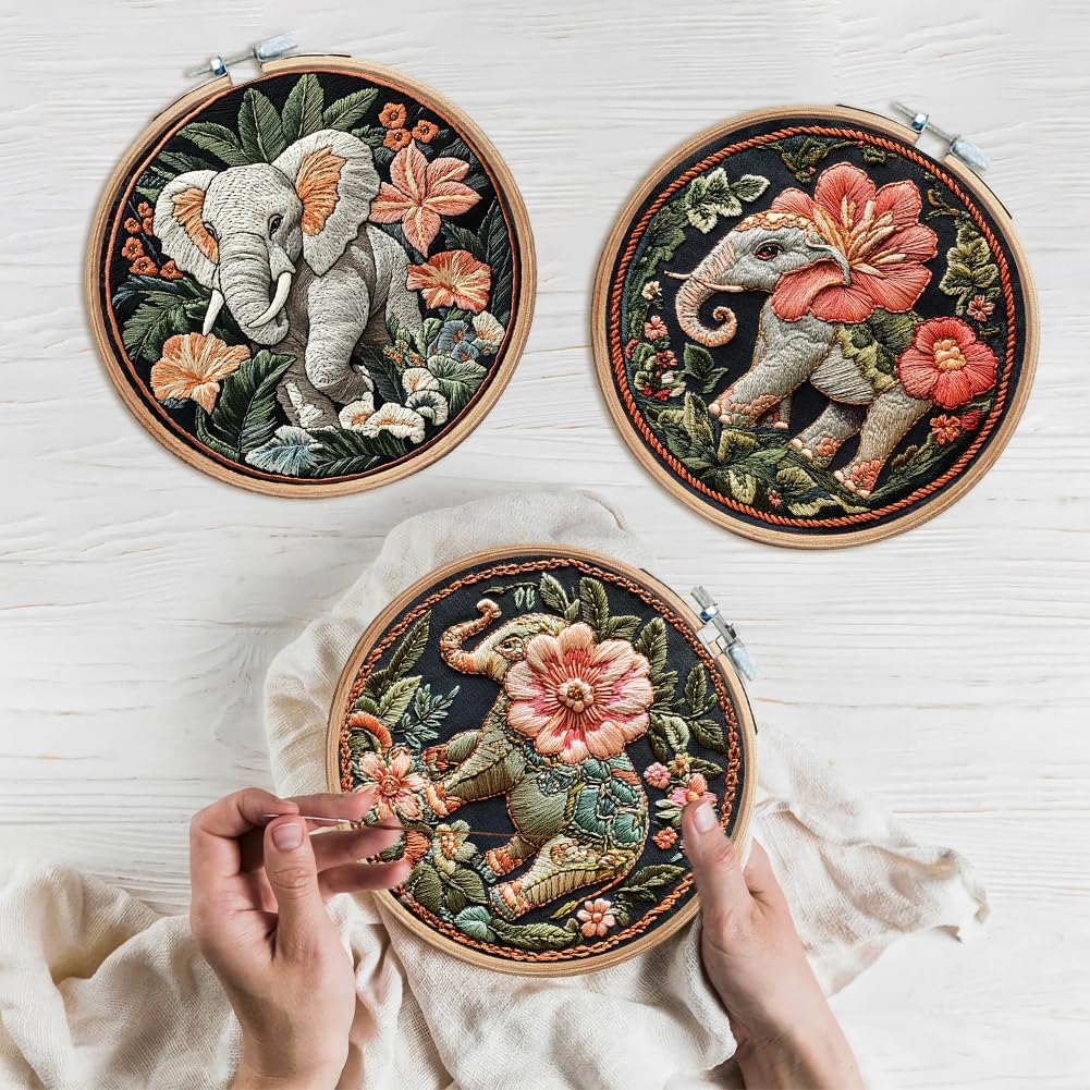 Eforcase Embroidery Starter Kit for Adult Beginner with Cute Elephant Animal Floral Pattern Cross Stitch Hand Embroidery Set DIY Cross Stitch Kits with Hoops Needles Threads