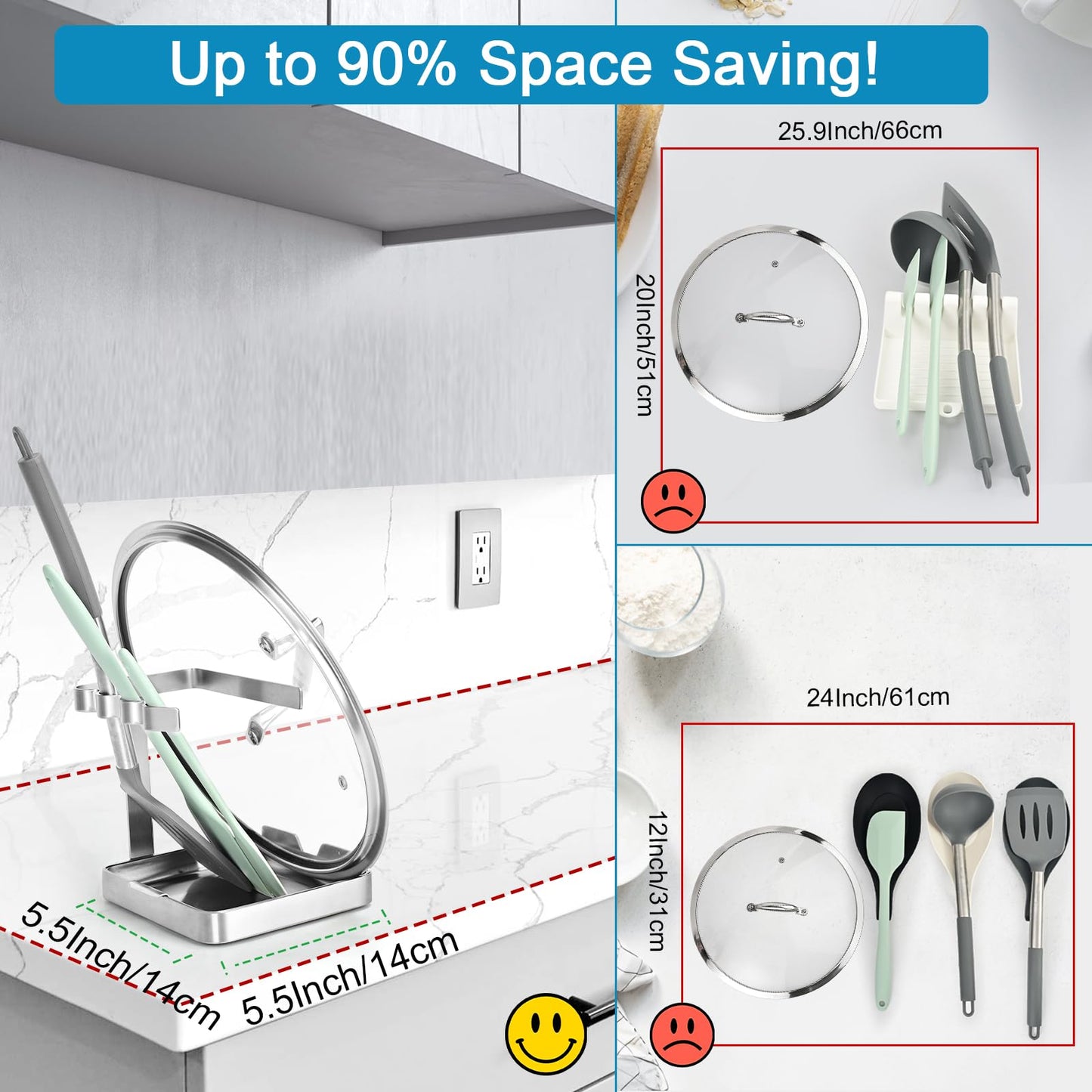 SOLEADER Pot Lid Holder While Cooking, 2 in 1 Stainless Steel Upright Spoon Rest with Drip Tray, Space Saving Kitchen Utensil Organizer for Stove Top Countertop, Lid Rack for Pots and Pans