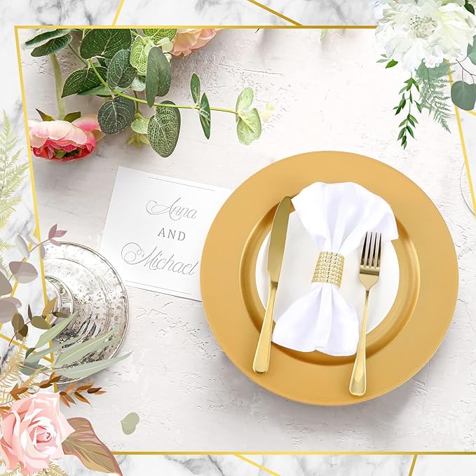 Tanlade 100 Pcs Charger Plates Set Bulk Include 50 Plastic Plate Chargers and 50 Napkin Rings 13" Round for Dinner Table Setting Wedding Baby Shower Decoration(Gold)