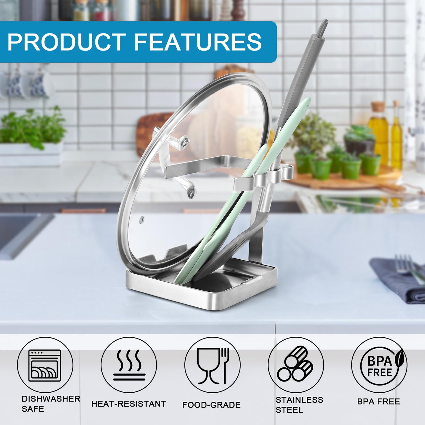 SOLEADER Pot Lid Holder While Cooking, 2 in 1 Stainless Steel Upright Spoon Rest with Drip Tray, Space Saving Kitchen Utensil Organizer for Stove Top Countertop, Lid Rack for Pots and Pans