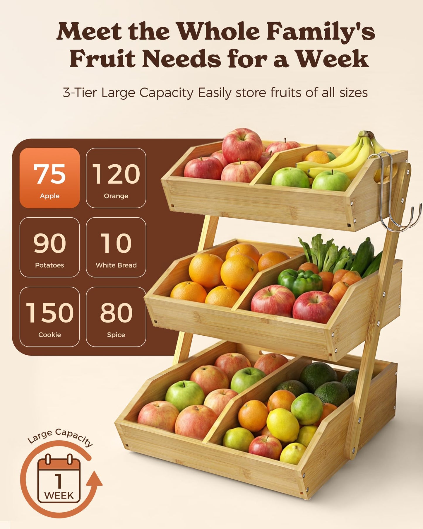 Sevenblue 3 Tier Large Bamboo Fruit Basket for Kitchen Counter with 2 Banana Holders, Kitchen Countertop Organizer with Protective Mats, Tiered Fruit Bowl for Bread Snack Veggies with Dividers
