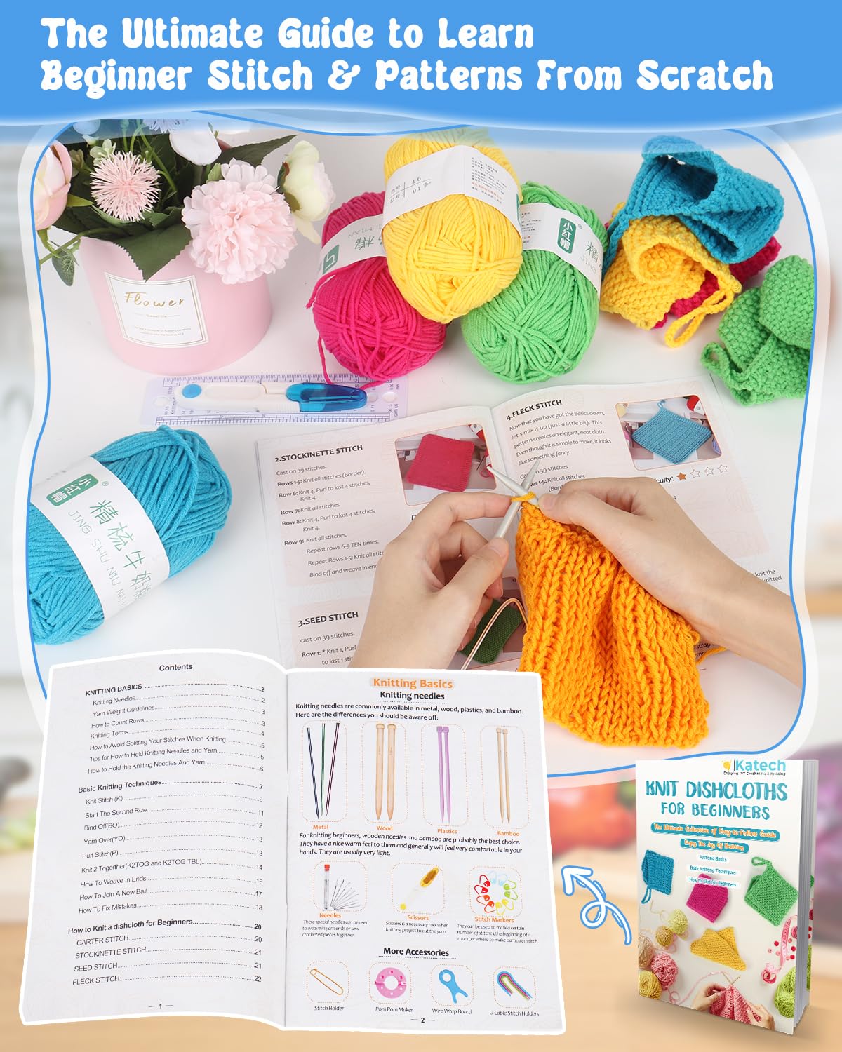 Katech Knitting Kit for Beginners-Learn to Knit Dishcloth-Beginner Knitting Kit for Adults with Knitting Book, Knitting Needles,Beginner Yarn, Yarn Needle, Craft Kits Gift (Beginner to Expert)