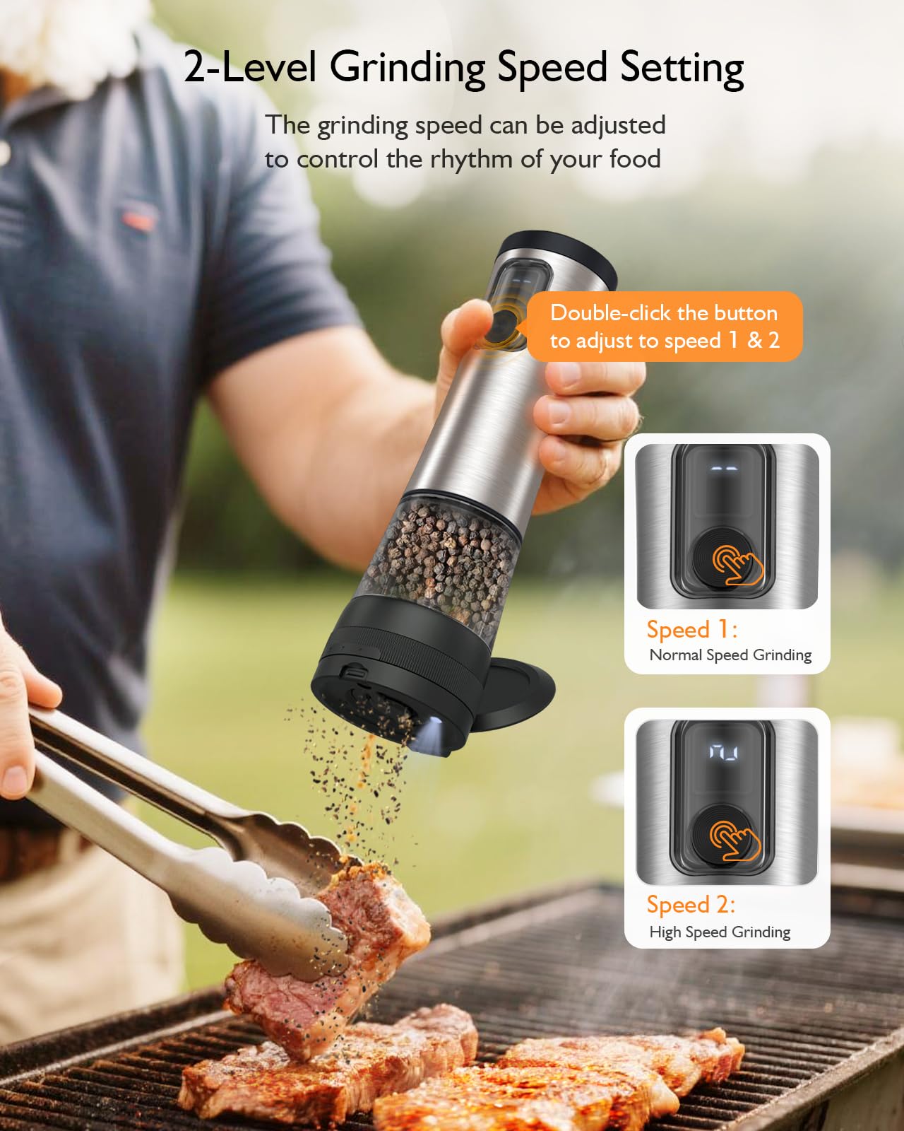 Electric Salt and Pepper Grinder Set, Upgraded 2-Speed Setting, External 5 Adjustable Coarseness, Battery Display Rechargeable Base, Stainless Steel Automatic Salt & Pepper Shakers Mill with LED Light