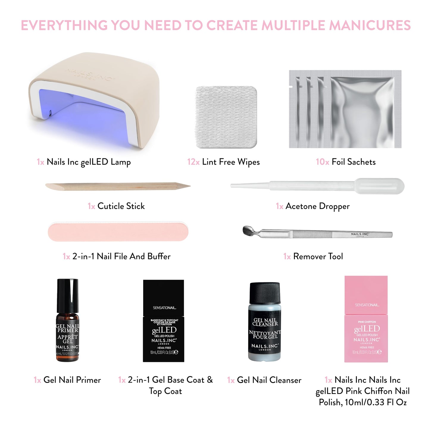 Nails Inc GelLED UV/LED Gel Nail Polish Manicure Starter Kit, Beginner Friendly, Art Manicure Salon At Home, LED Lamp, Pink Nail Polish, Manicure Tools, Primer, Base & Topcoat, Hema Free, 32 Pieces