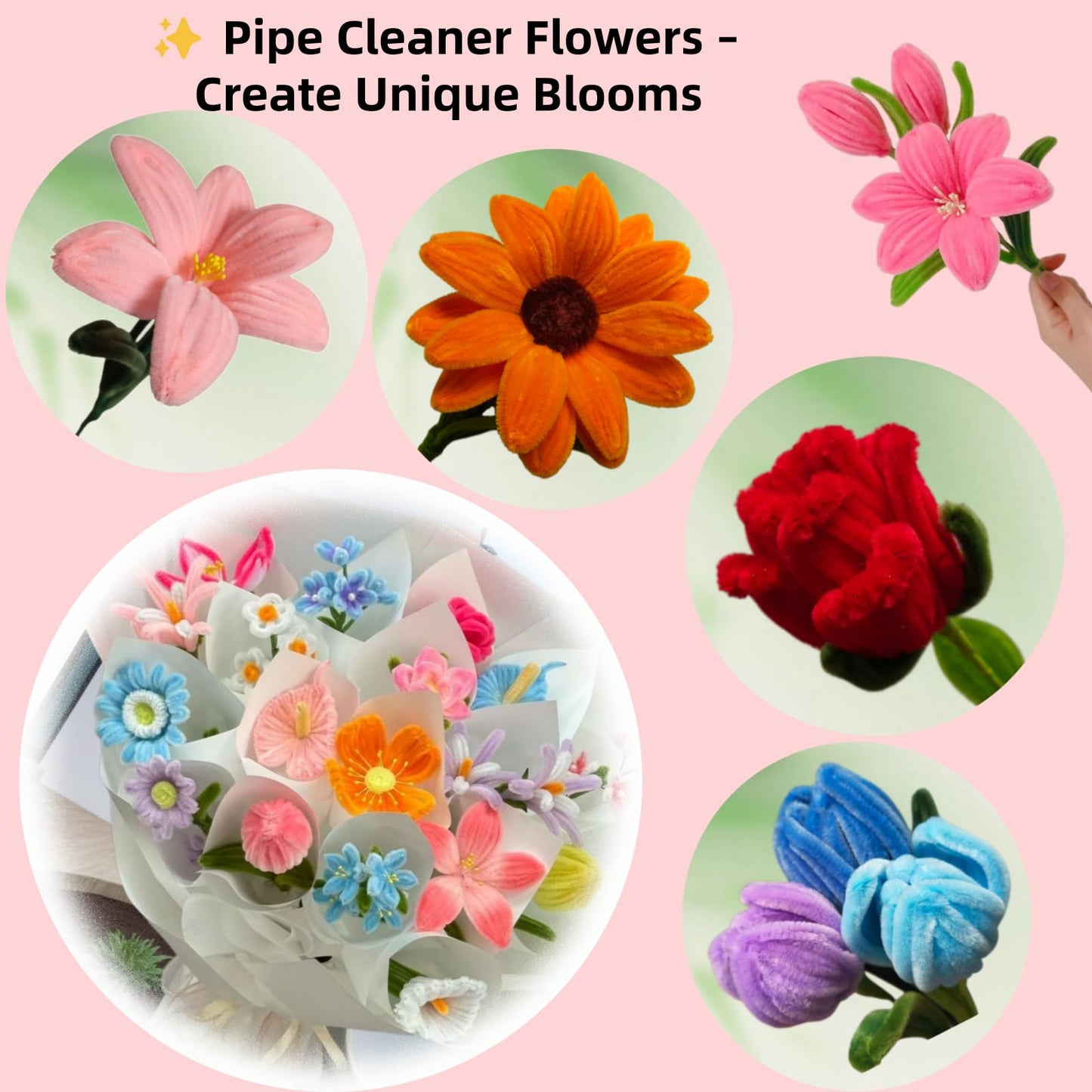 zoqdtu Bulk Pipe Cleaners 500 Pack, Pipe Cleaners Craft & Flower Kits, 13 Color Chenille Stems 12" x7mm, DIY Floral Craft Supplies for Adults Teens Ages 14+