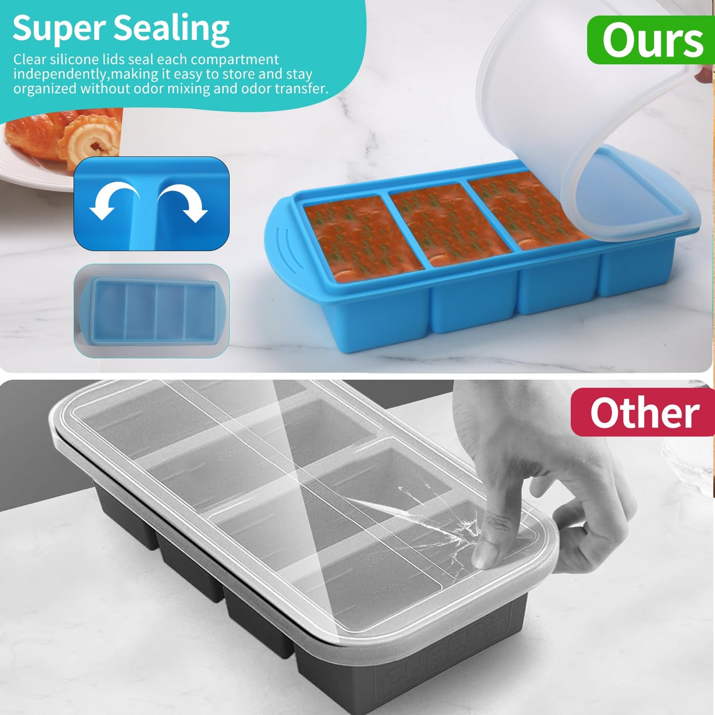 Silicone Freezer Molds Gift Set with 2 Tbsp, 1/2, 1, and 2 Cup Silicone Freezer Trays With Lids - Meal Prep and Kitchen Essentials Bundle (Blue 4 Pack)